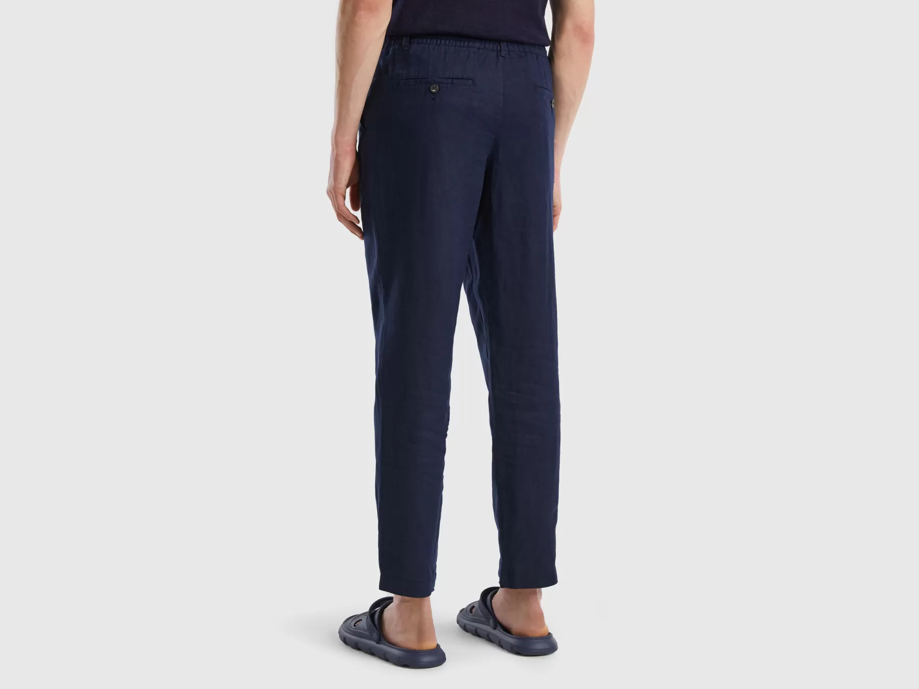 Benetton Pantaloni Con Coulisse In Puro Lino Blu Scuro Clearance