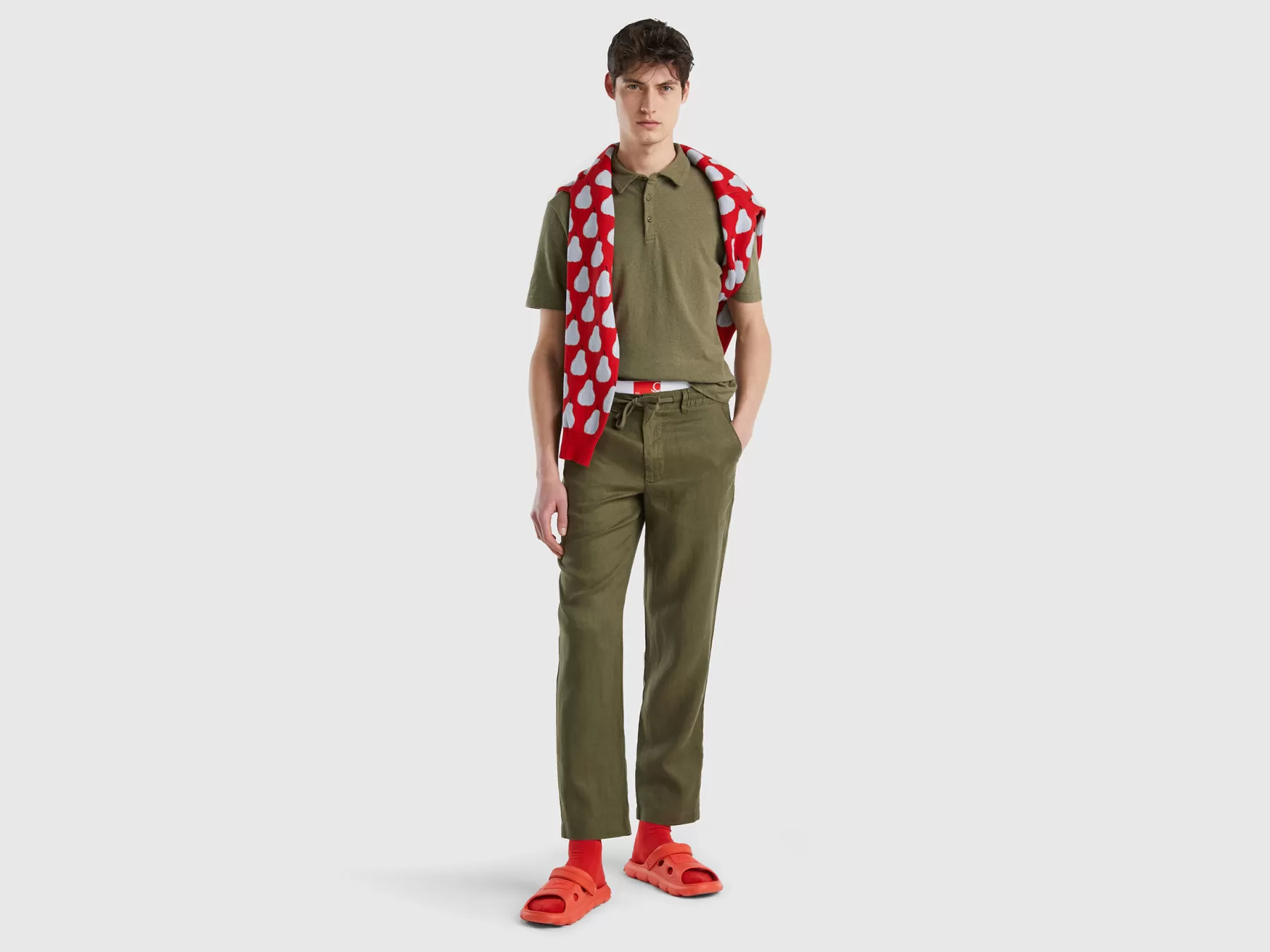 Benetton Pantaloni Con Coulisse In Puro Lino Verde Militare Cheap