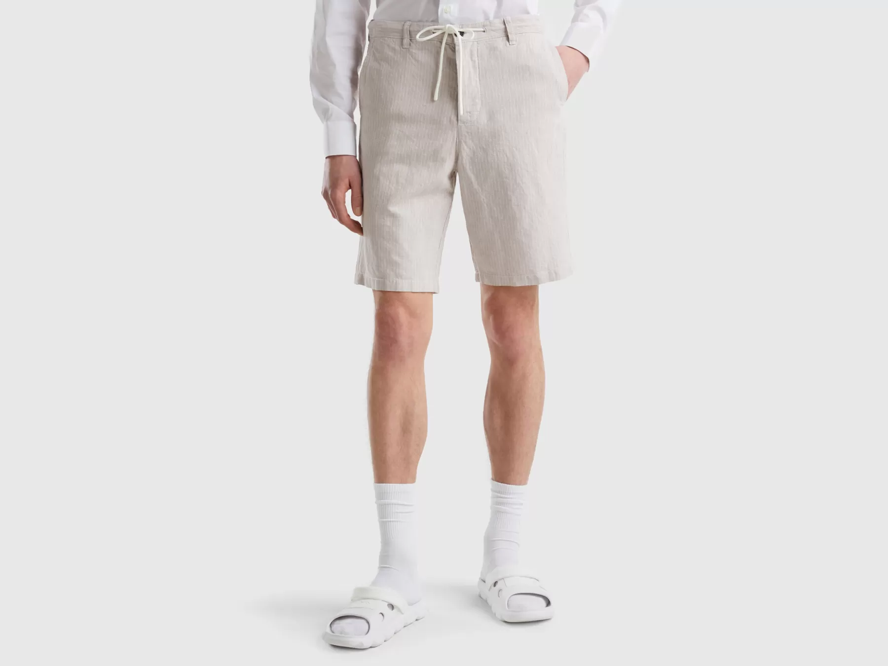 Benetton Pantaloni Corti In Misto Lino Bianco Panna Store