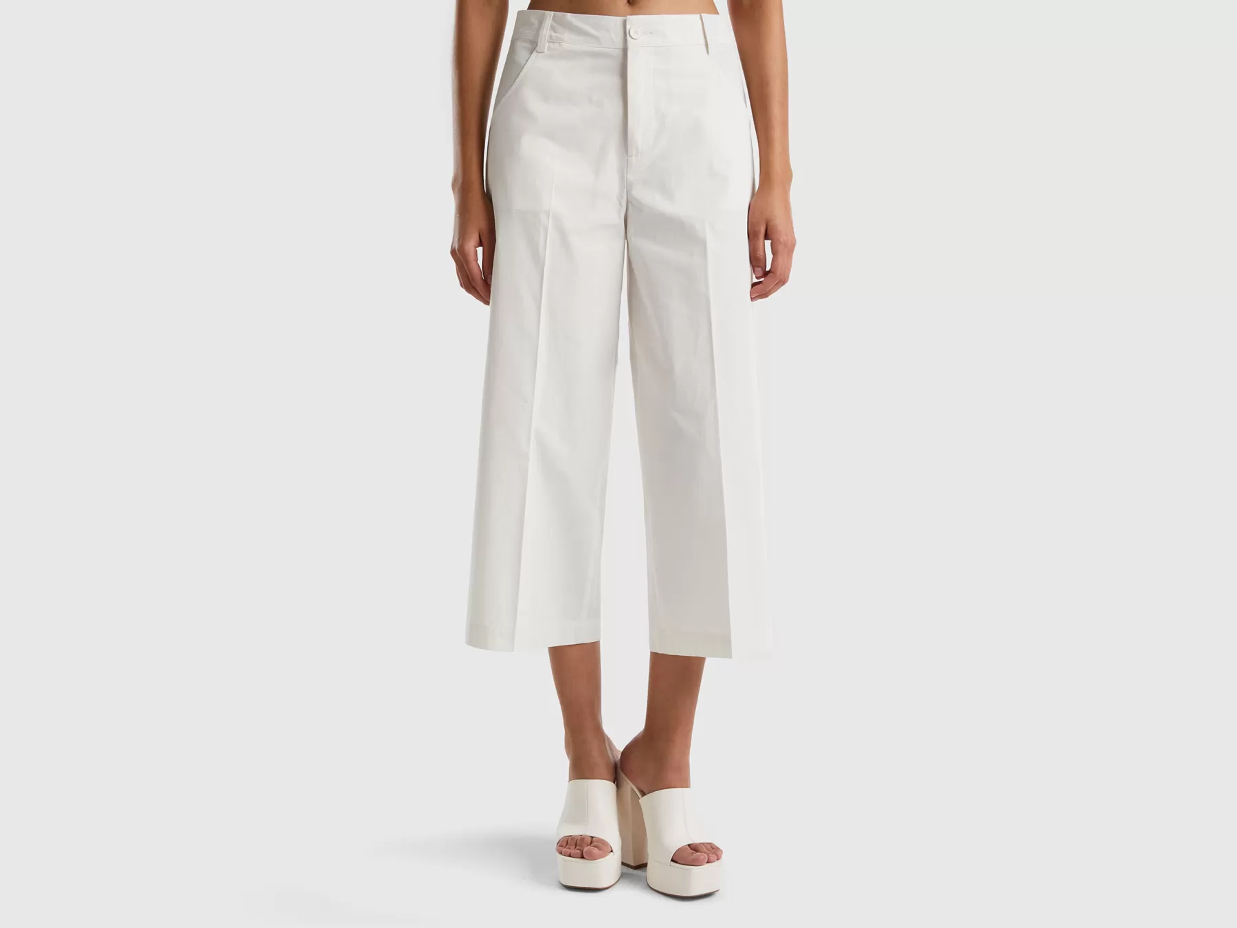 Benetton Pantaloni Cropped 100% Cotone Bianco Panna Clearance