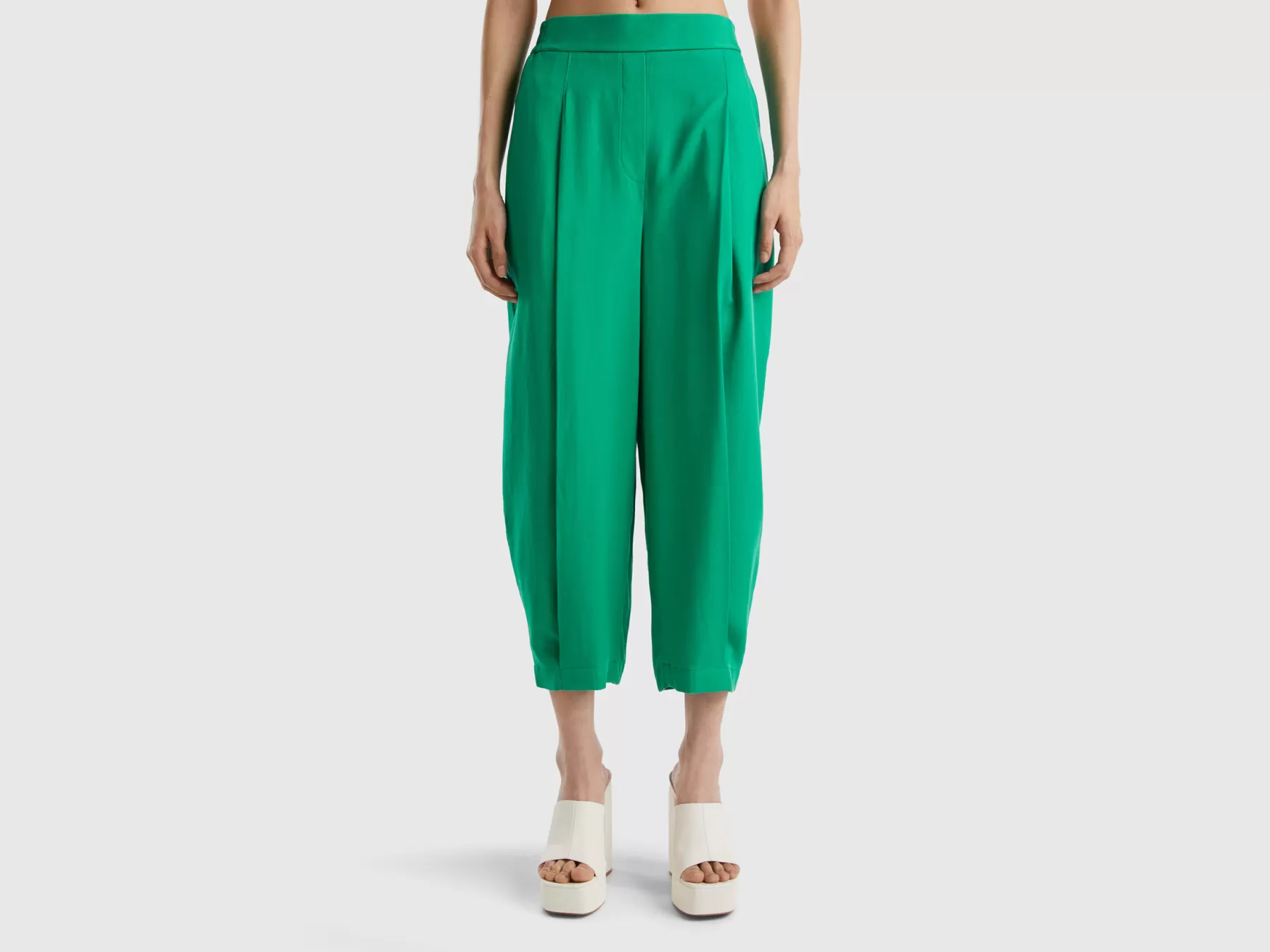 Benetton Pantaloni Cropped Con Pieghe Verde Flash Sale