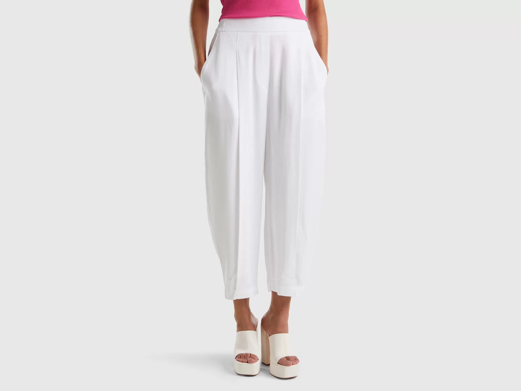 Benetton Pantaloni Cropped Con Pieghe Bianco Discount