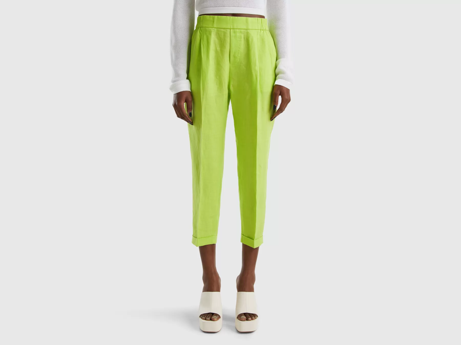 Benetton Pantaloni Cropped In 100% Lino Verde Fluo Shop