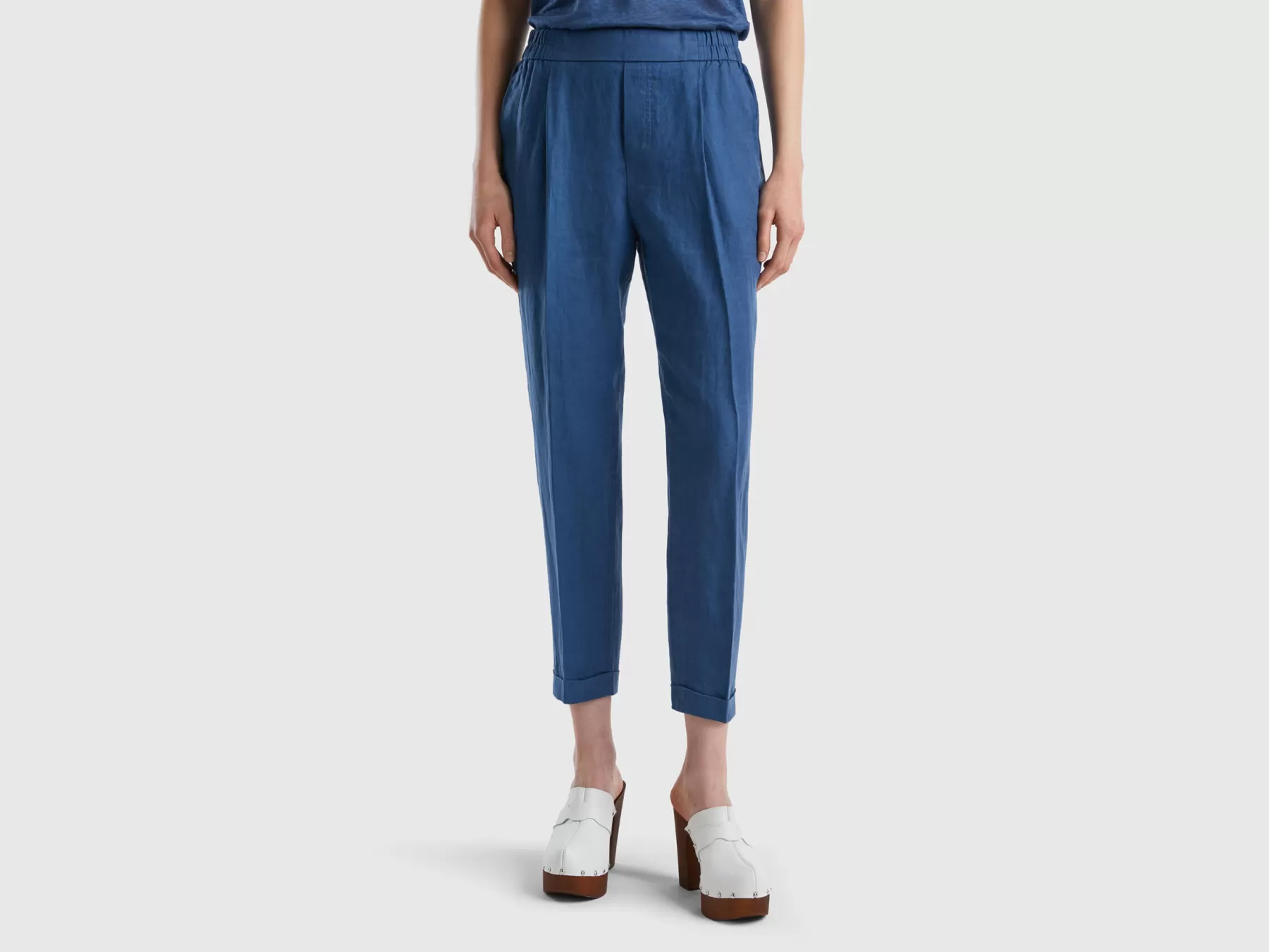 Benetton Pantaloni Cropped In 100% Lino Blu Best Sale