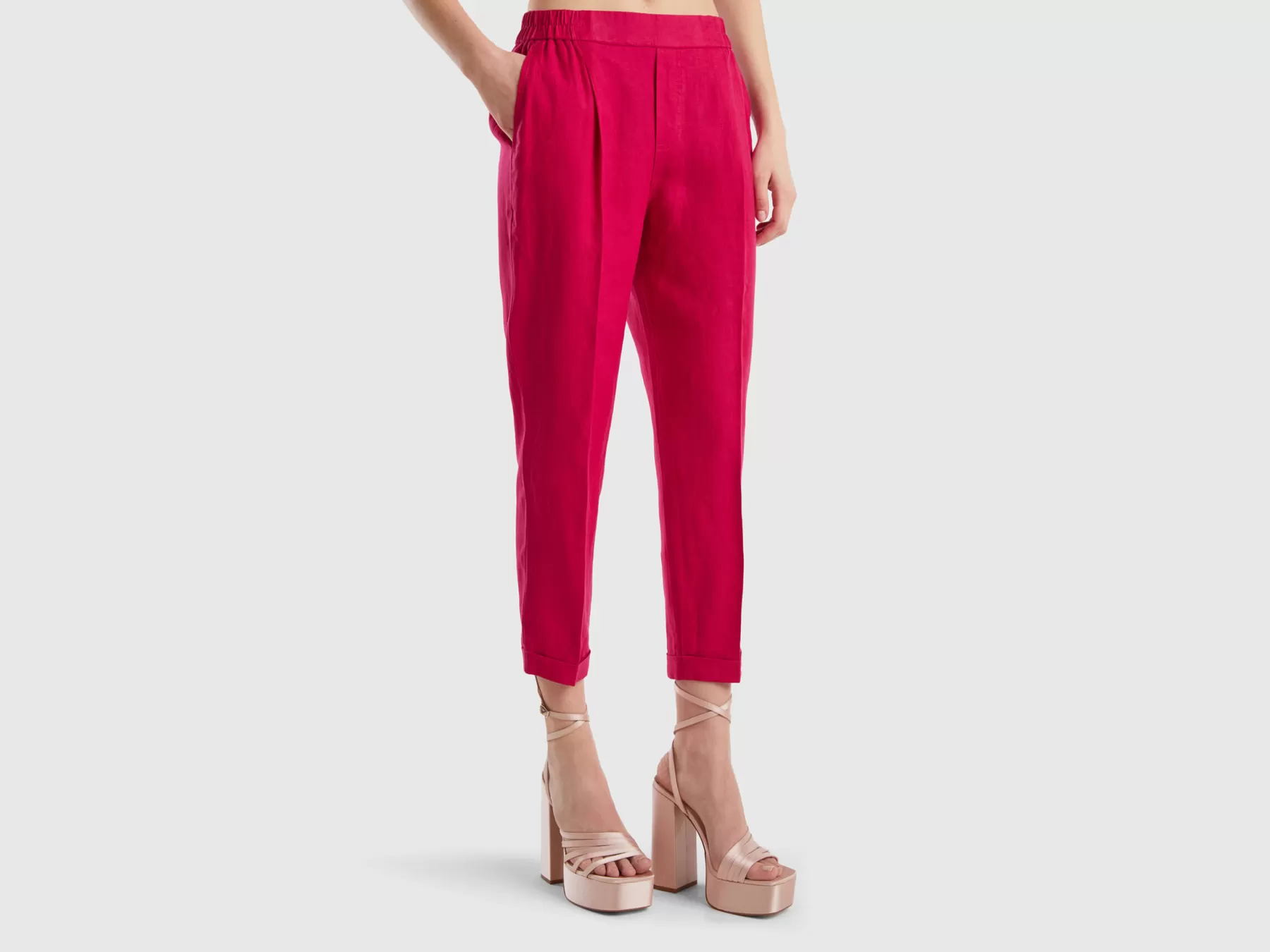 Benetton Pantaloni Cropped In 100% Lino Fucsia New