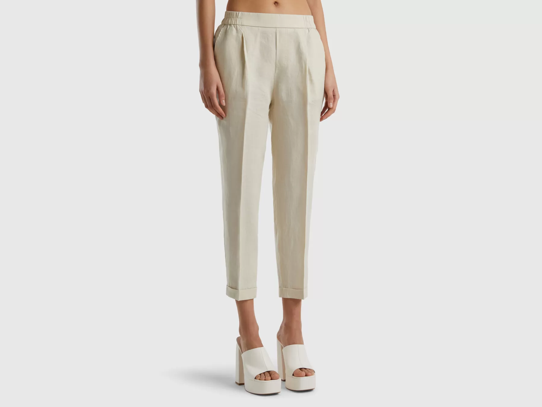 Benetton Pantaloni Cropped In 100% Lino Beige Flash Sale