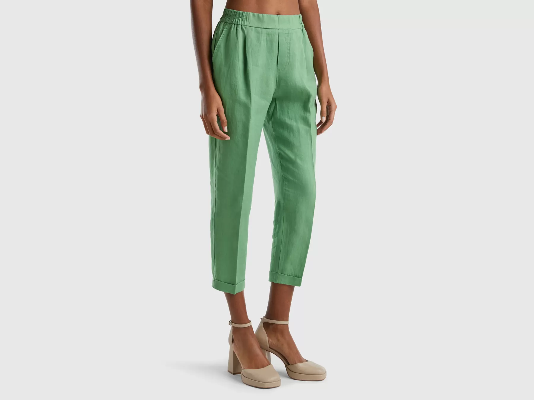 Benetton Pantaloni Cropped In 100% Lino Verde Store