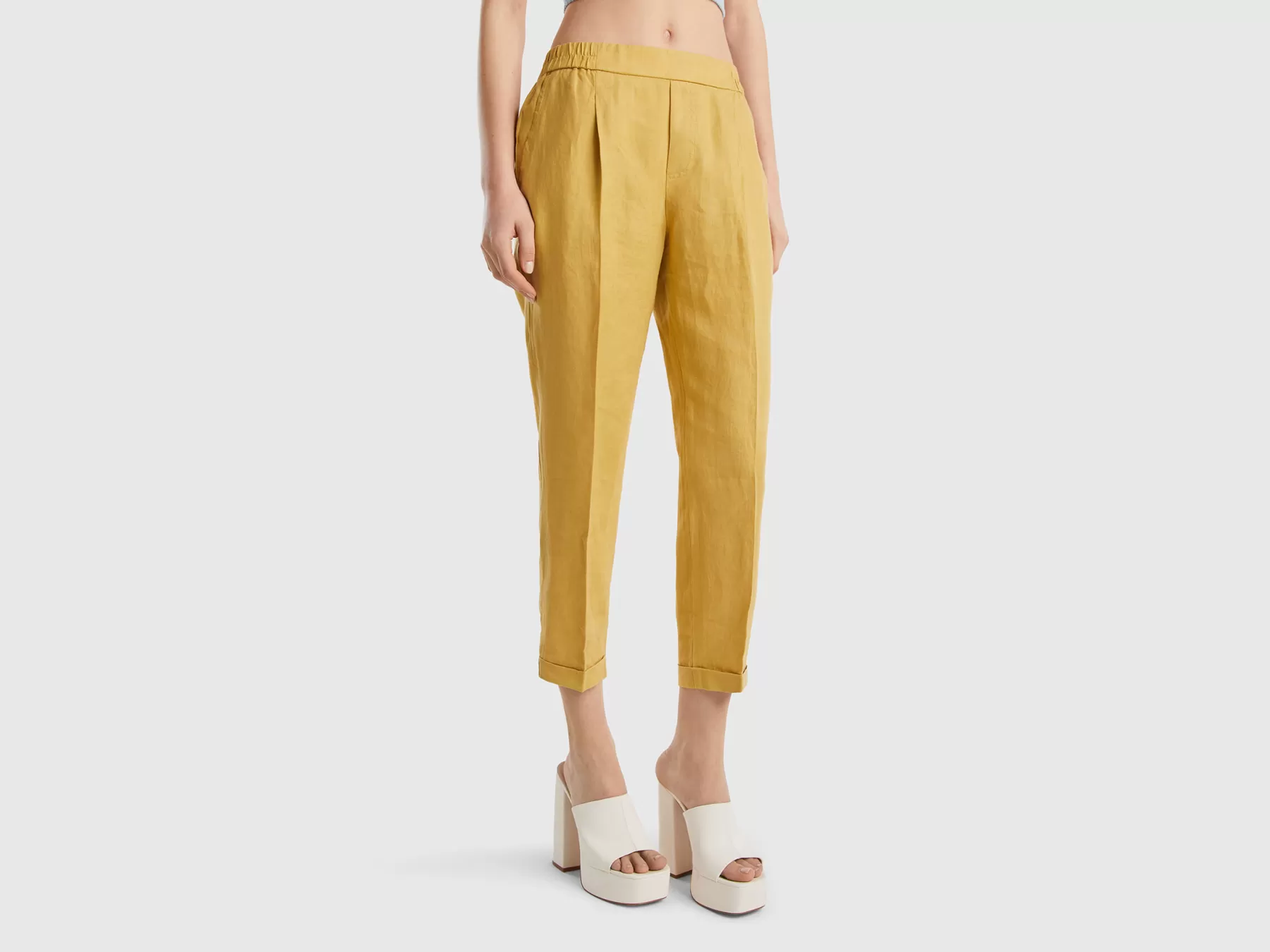 Benetton Pantaloni Cropped In 100% Lino Senape Best