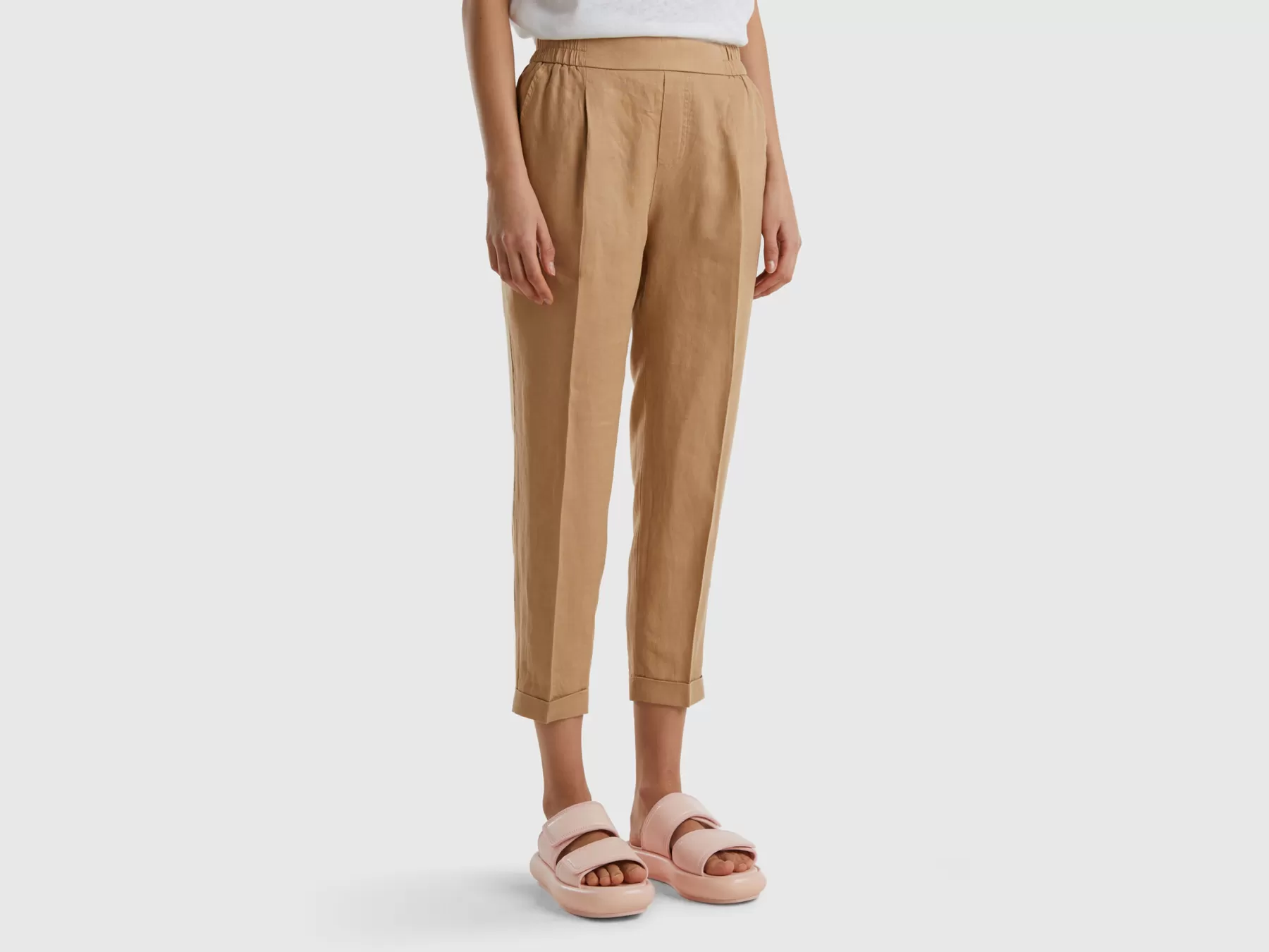 Benetton Pantaloni Cropped In 100% Lino Cammello Sale