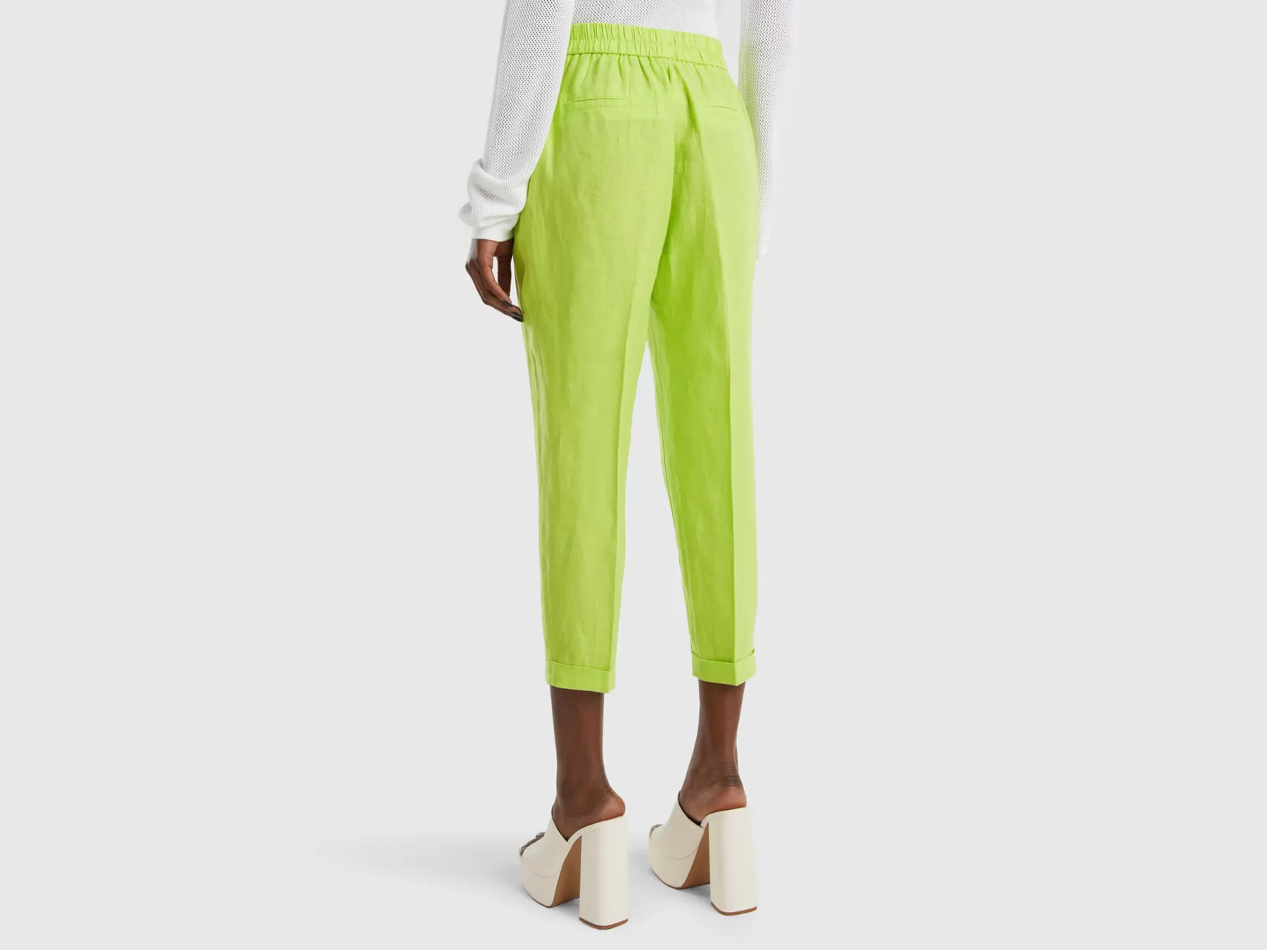 Benetton Pantaloni Cropped In 100% Lino Verde Fluo Shop