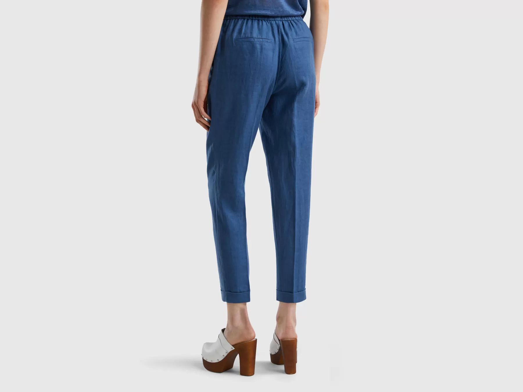 Benetton Pantaloni Cropped In 100% Lino Blu Best Sale