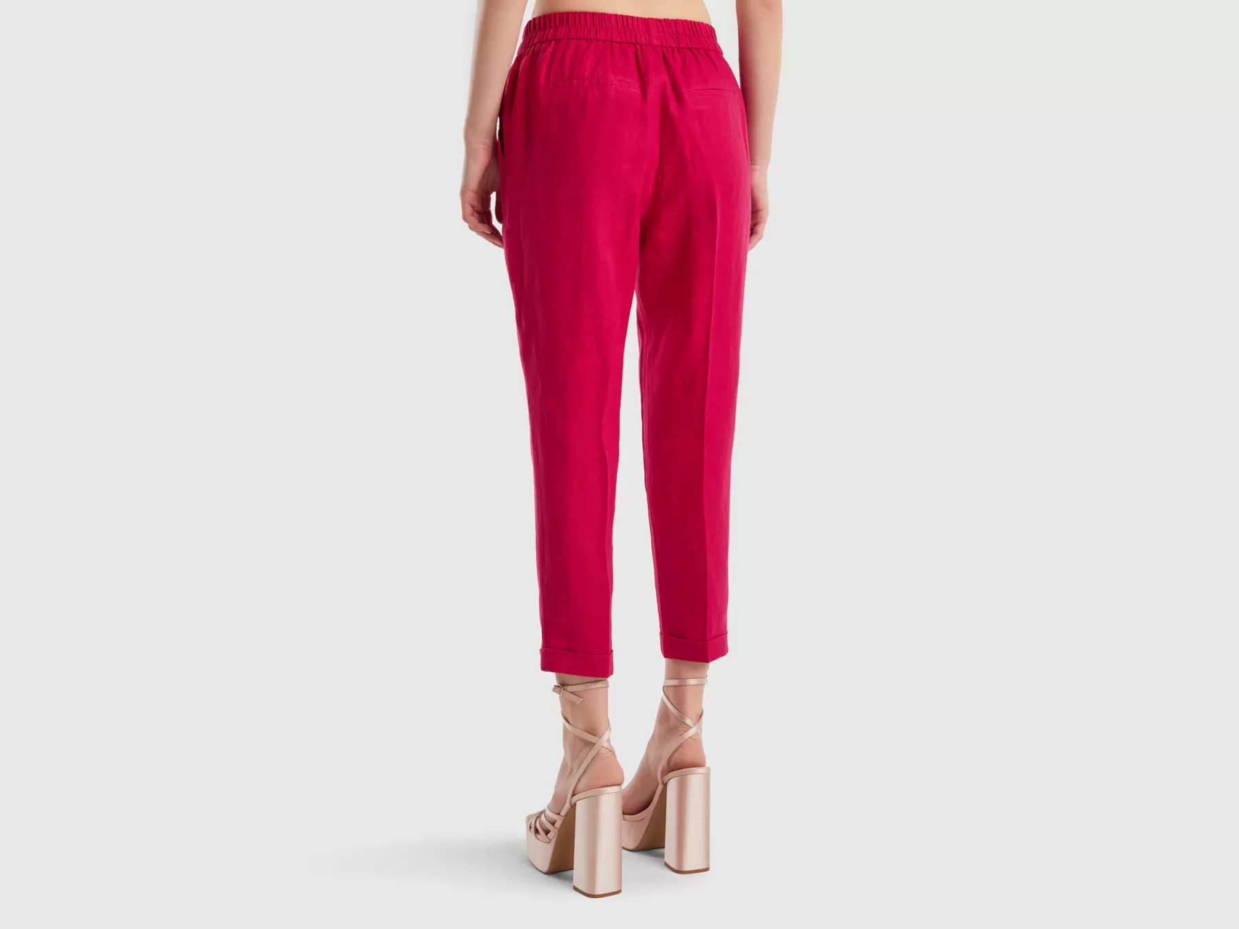 Benetton Pantaloni Cropped In 100% Lino Fucsia New