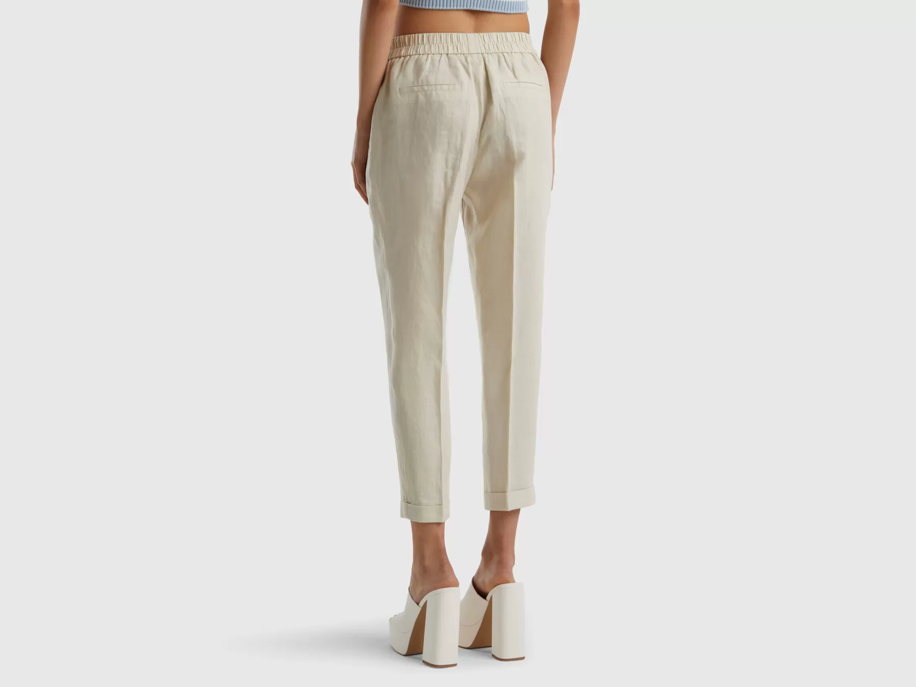 Benetton Pantaloni Cropped In 100% Lino Beige Flash Sale