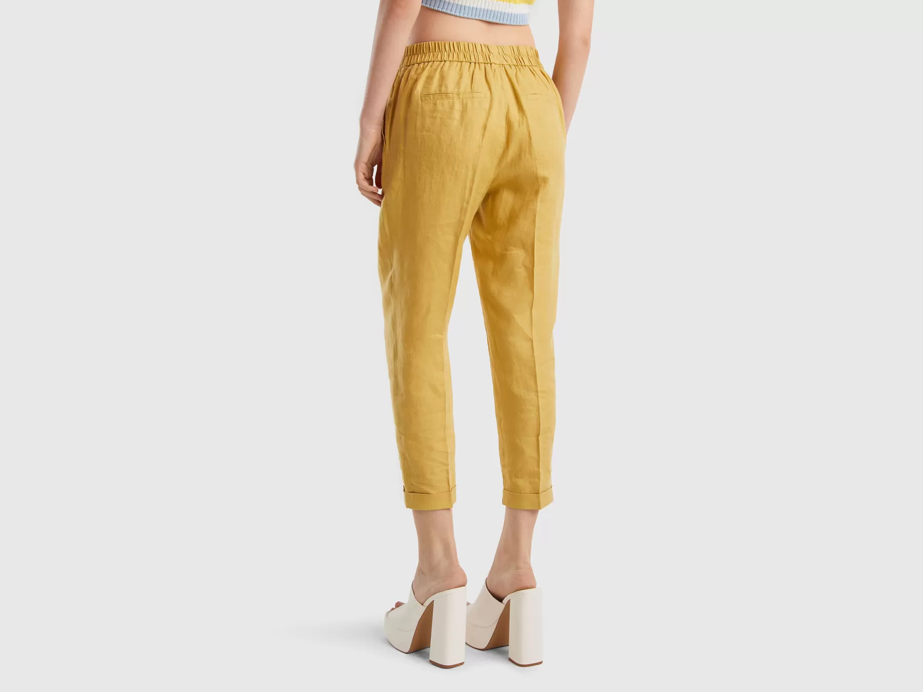 Benetton Pantaloni Cropped In 100% Lino Senape Best