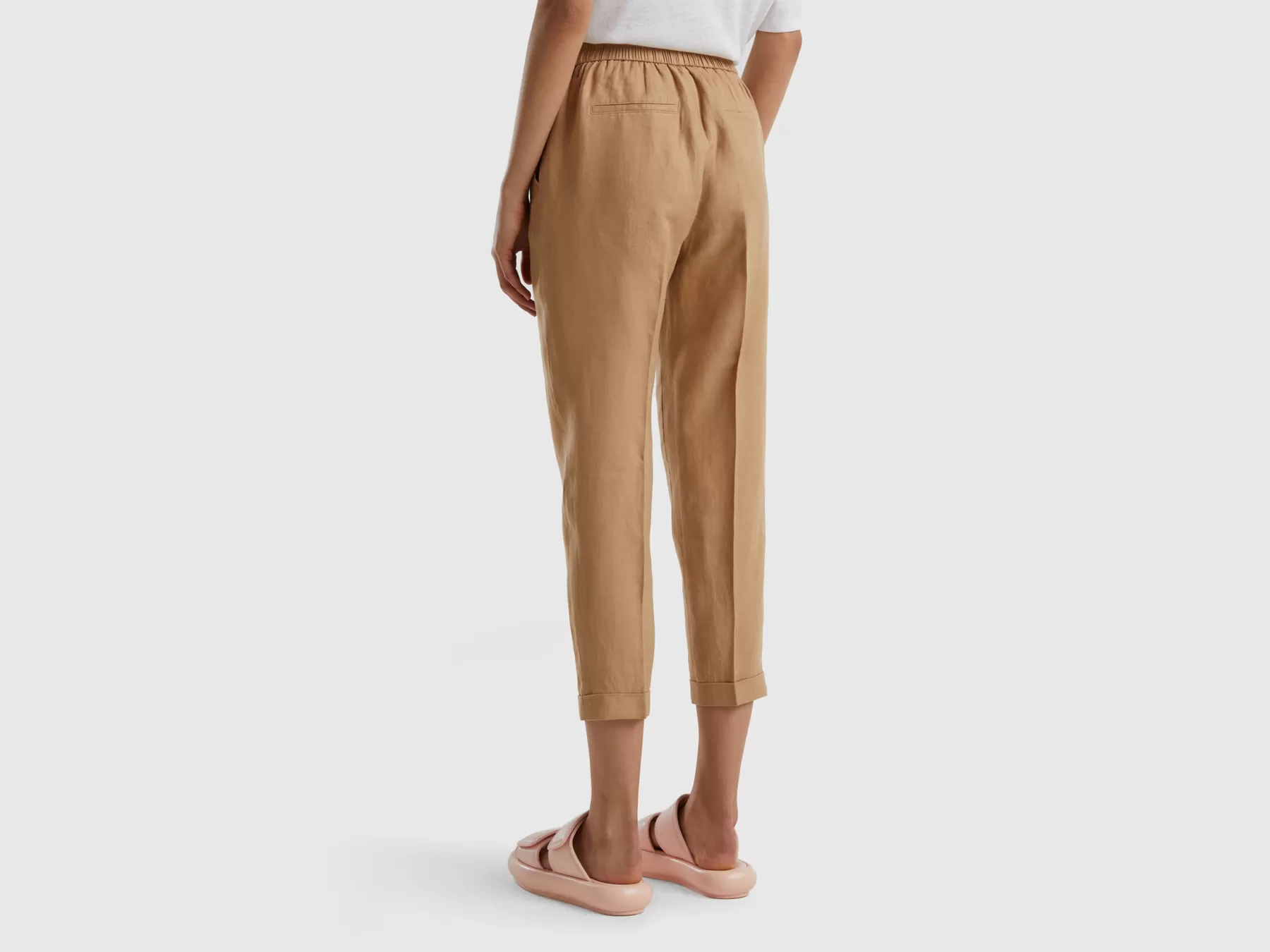 Benetton Pantaloni Cropped In 100% Lino Cammello Sale