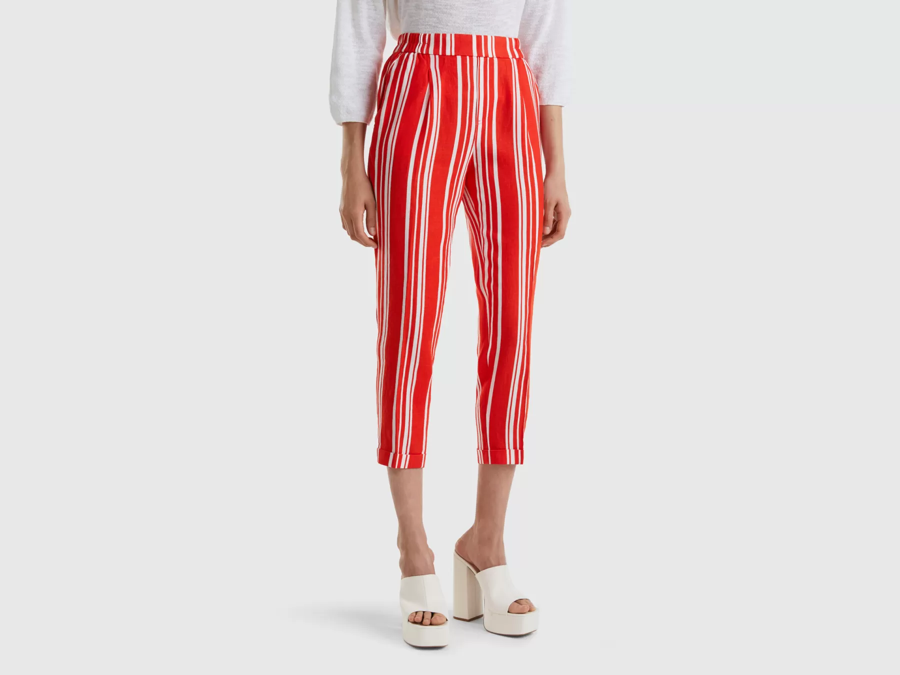 Benetton Pantaloni Fantasia In Puro Lino Arancione Clearance