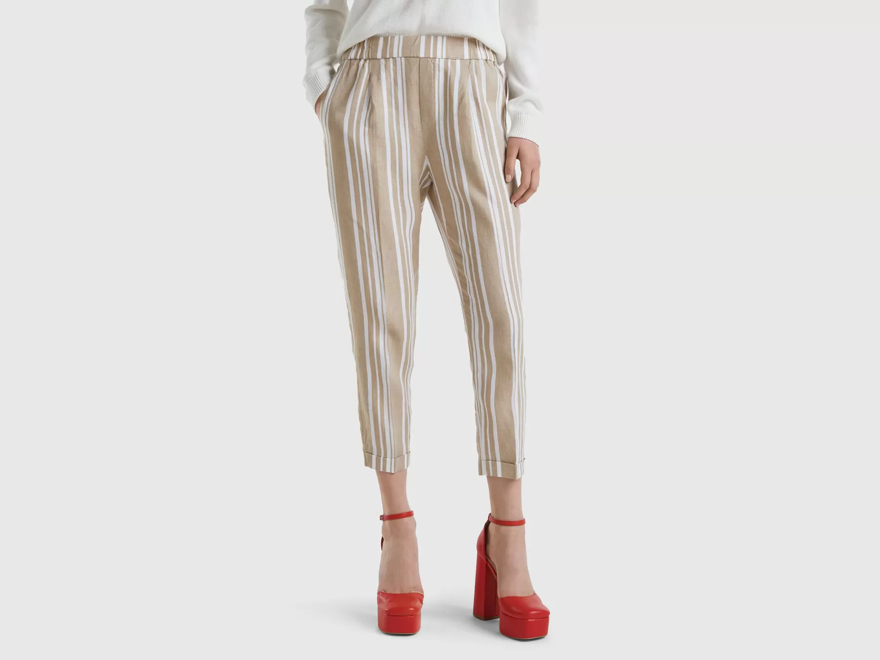 Benetton Pantaloni Fantasia In Puro Lino Beige Clearance