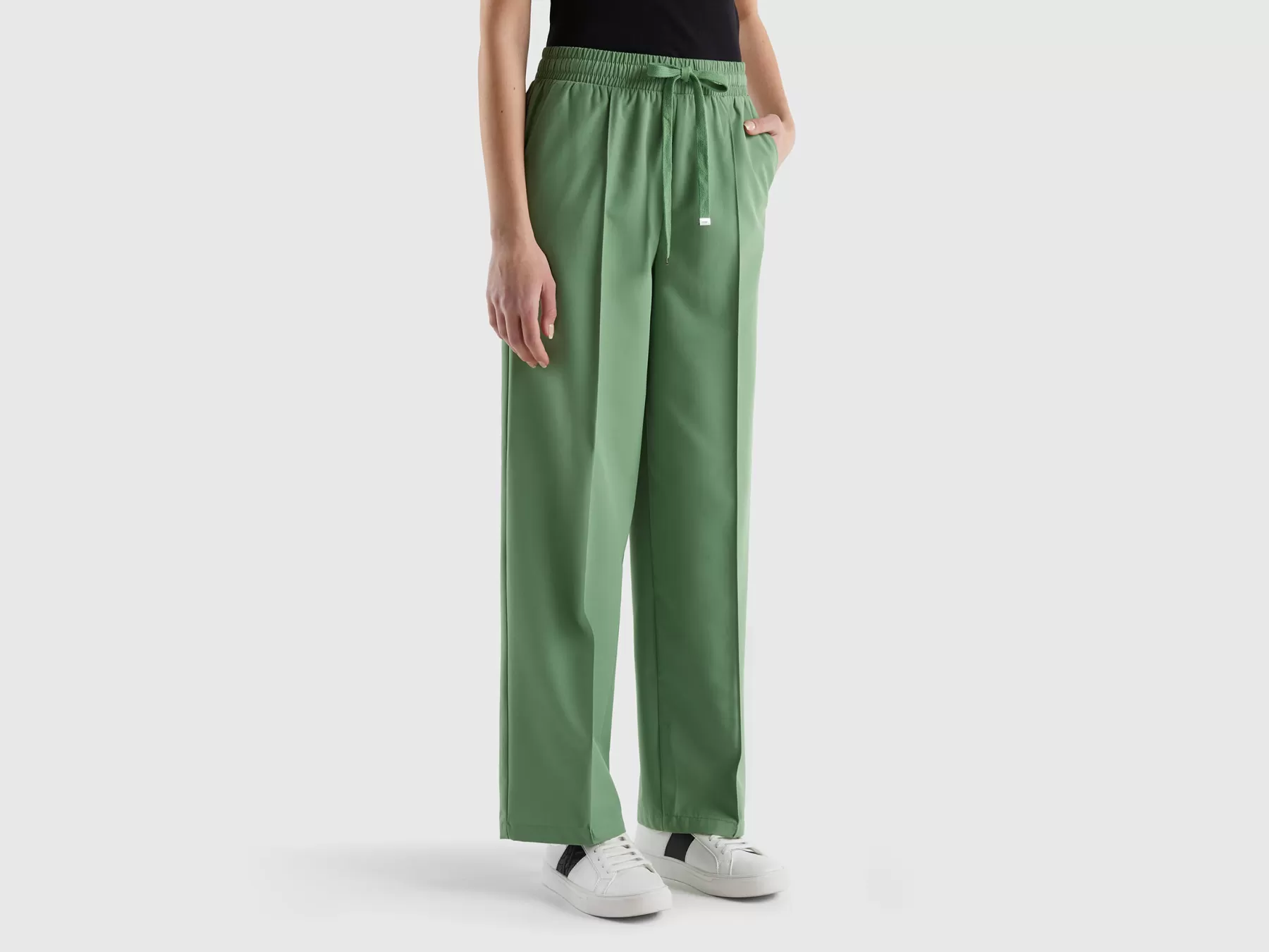 Benetton Pantaloni Fluidi Con Coulisse Verde Outlet