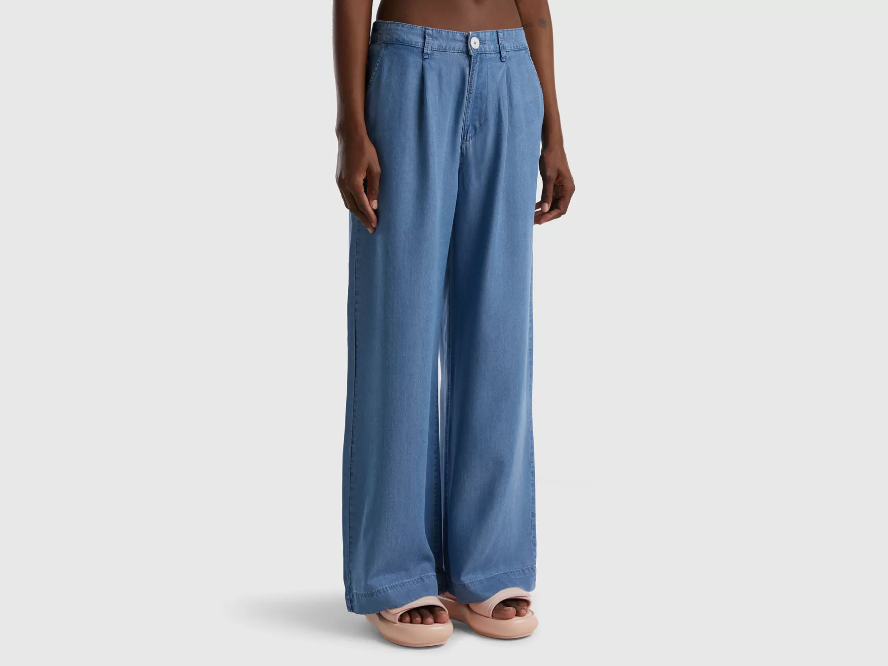 Benetton Pantaloni Gamba Ampia In Chambray Celeste Sale