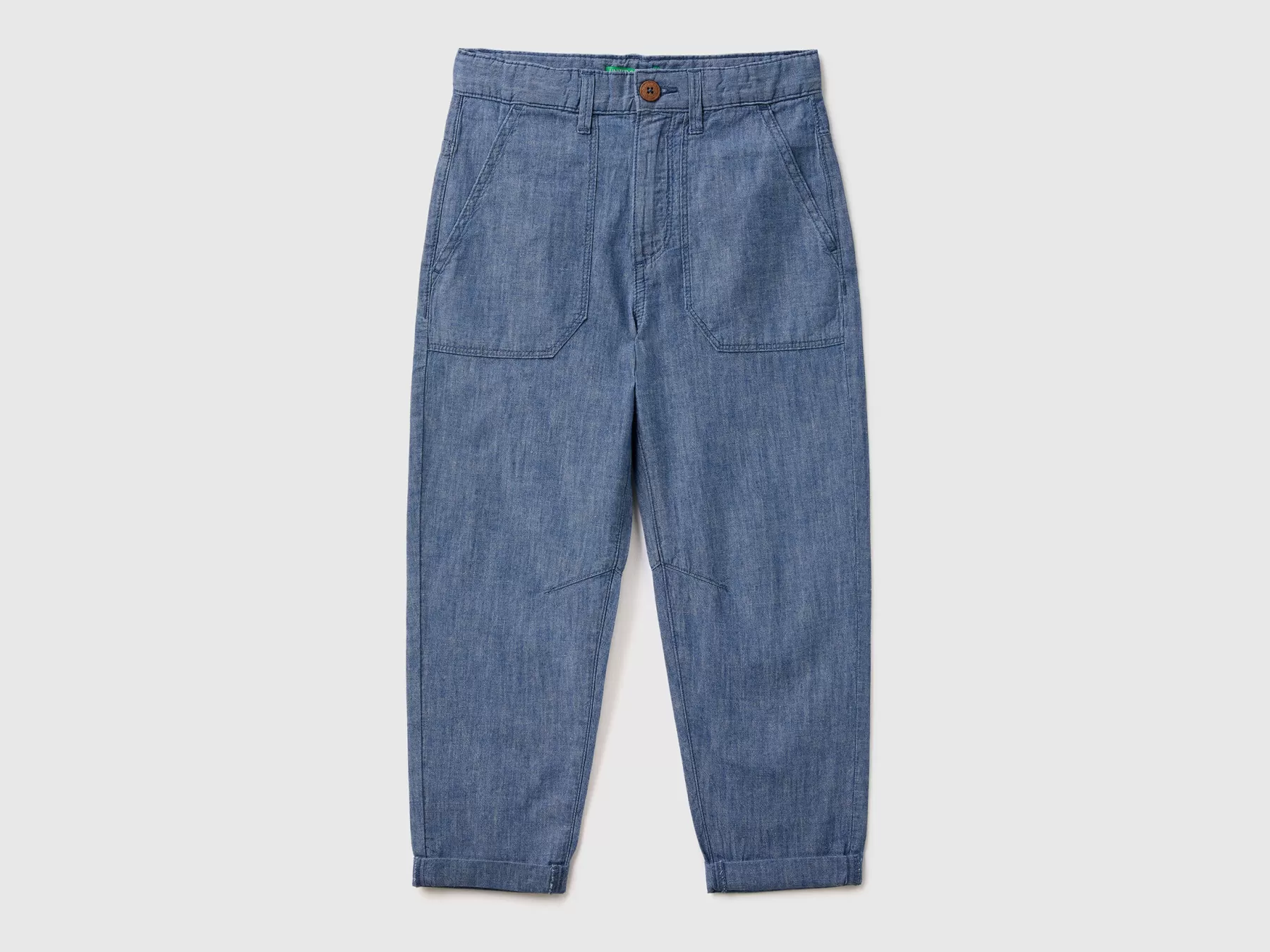 Benetton Pantaloni In Chambray Misto Lino Avio Discount