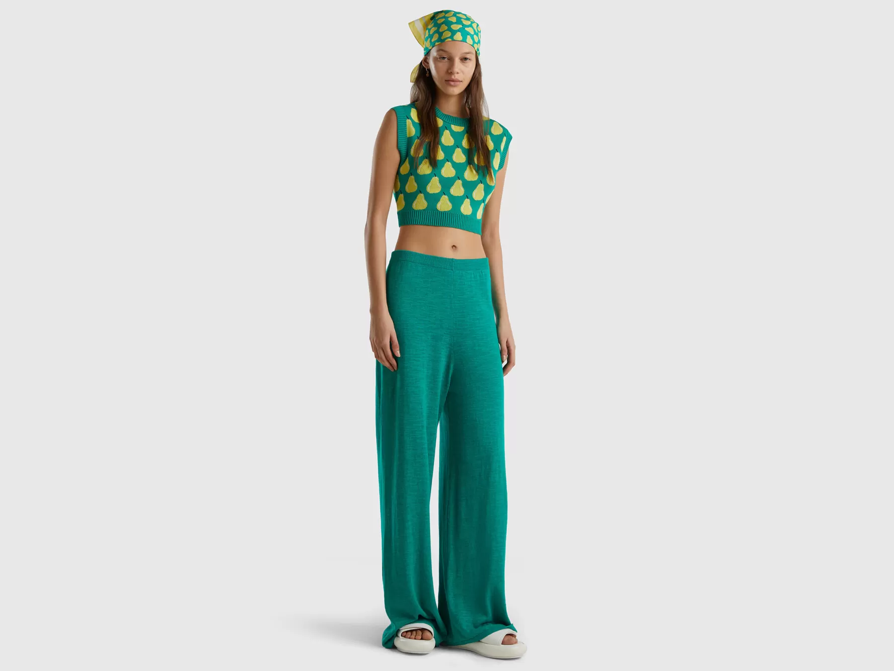 Benetton Pantaloni In Maglia Misto Lino Verde Flash Sale