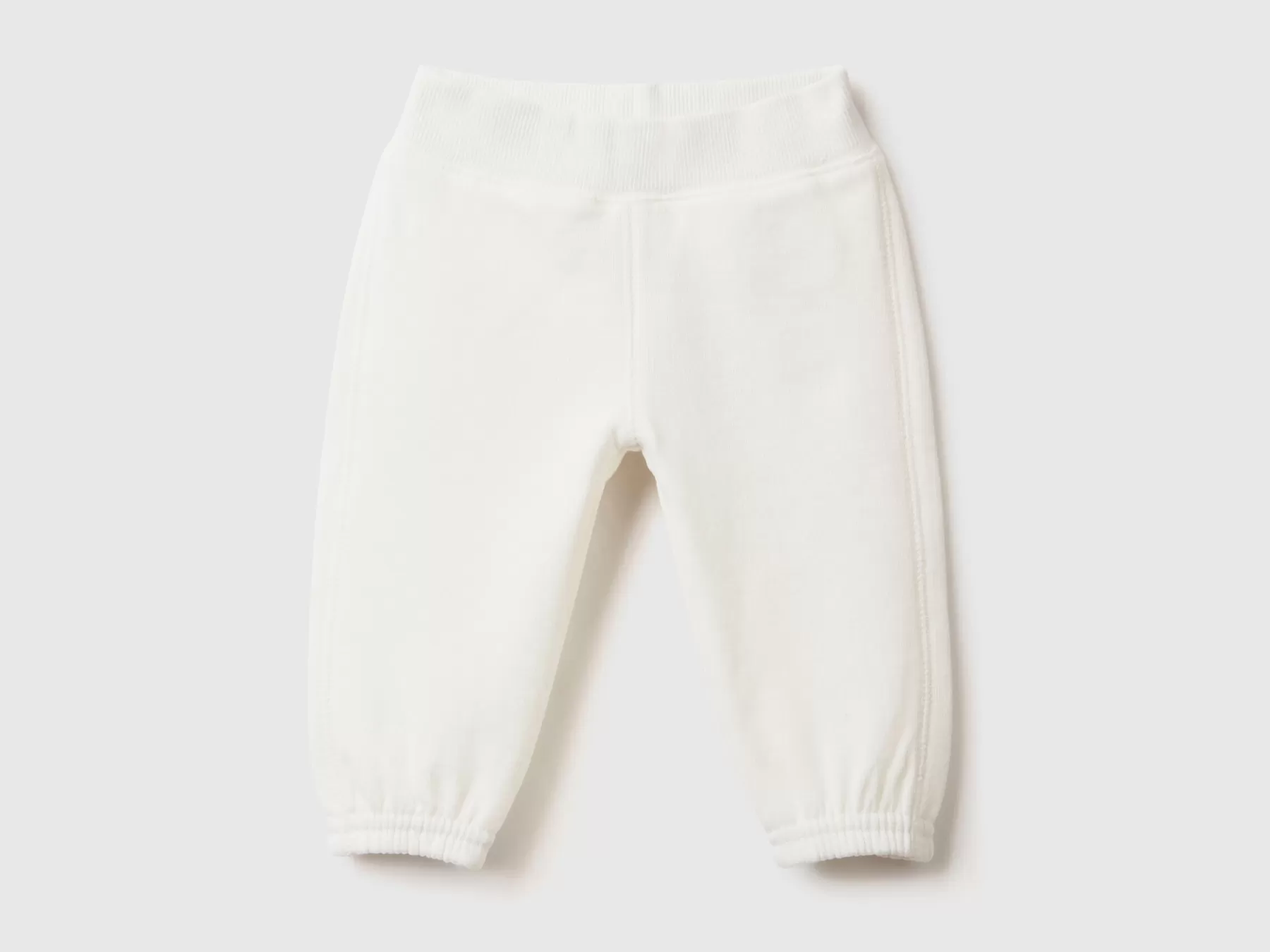 Benetton Pantaloni In Morbida Felpa Con Ricamo Bianco Panna New