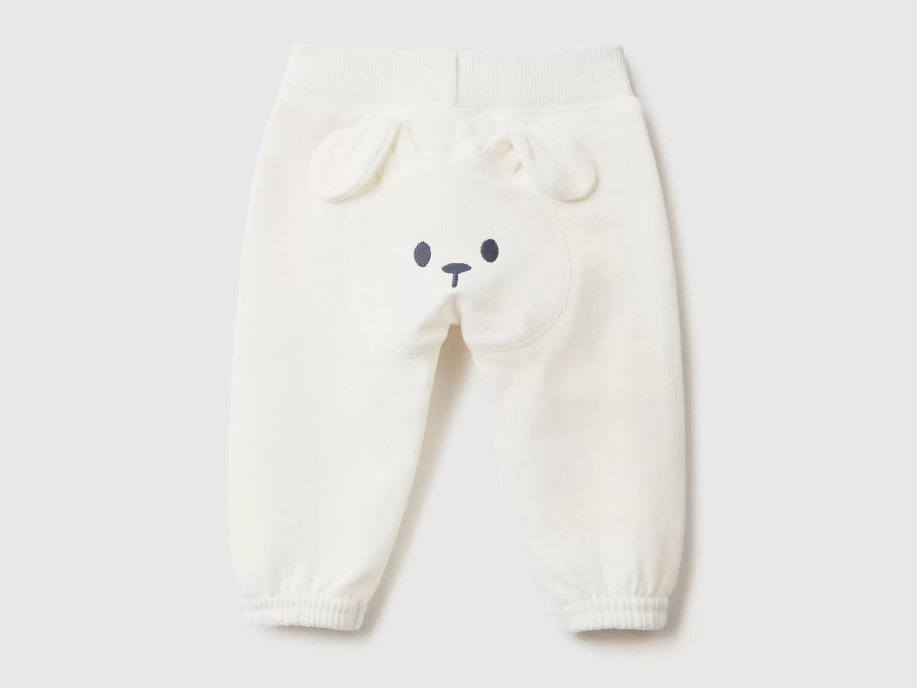 Benetton Pantaloni In Morbida Felpa Con Ricamo Bianco Panna New