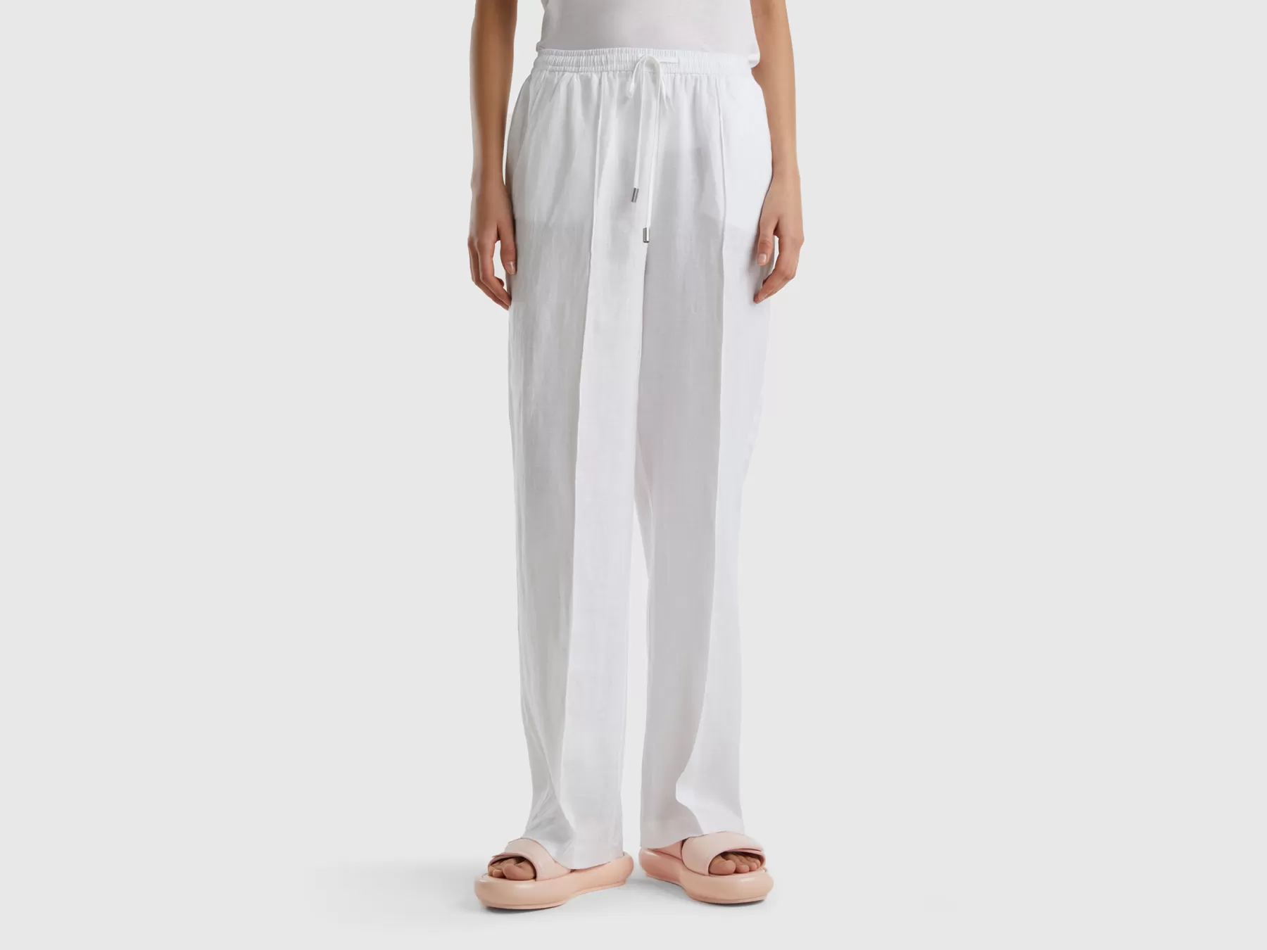 Benetton Pantaloni In Puro Lino Con Elastico Bianco Discount