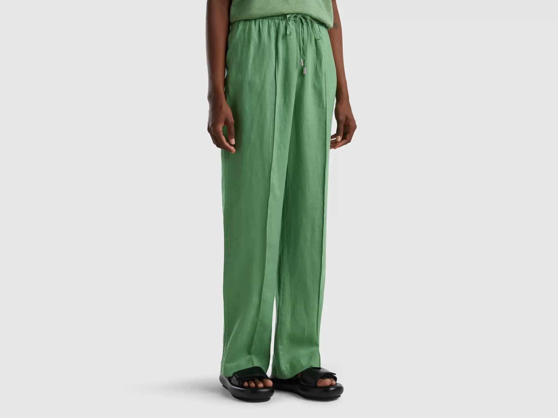 Benetton Pantaloni In Puro Lino Con Elastico Verde Sale