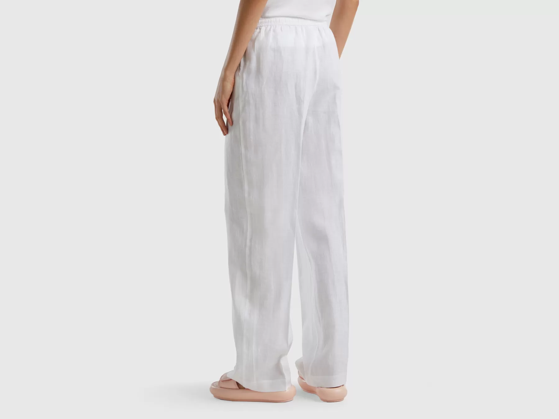 Benetton Pantaloni In Puro Lino Con Elastico Bianco Discount