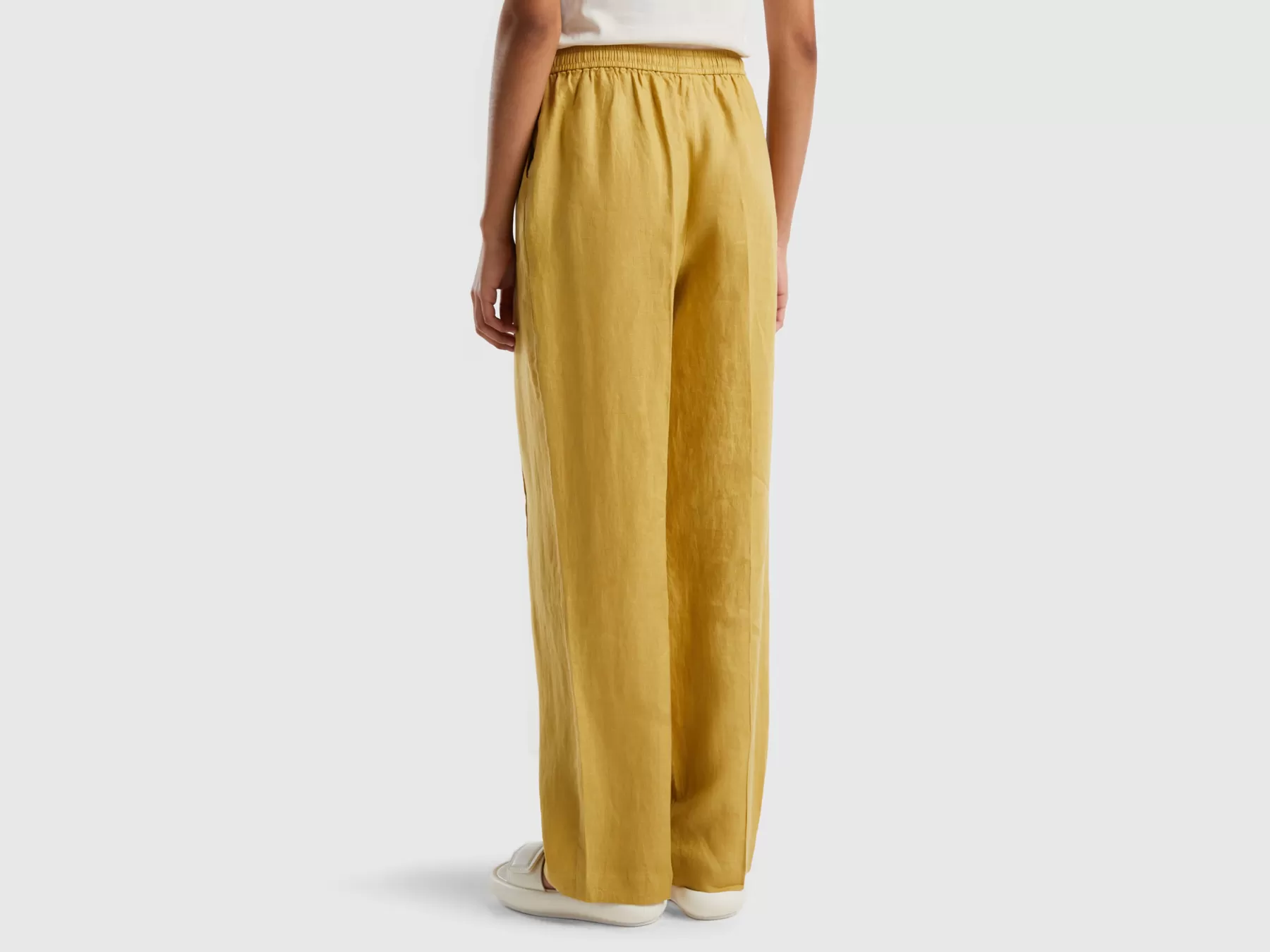 Benetton Pantaloni In Puro Lino Con Elastico Senape Hot