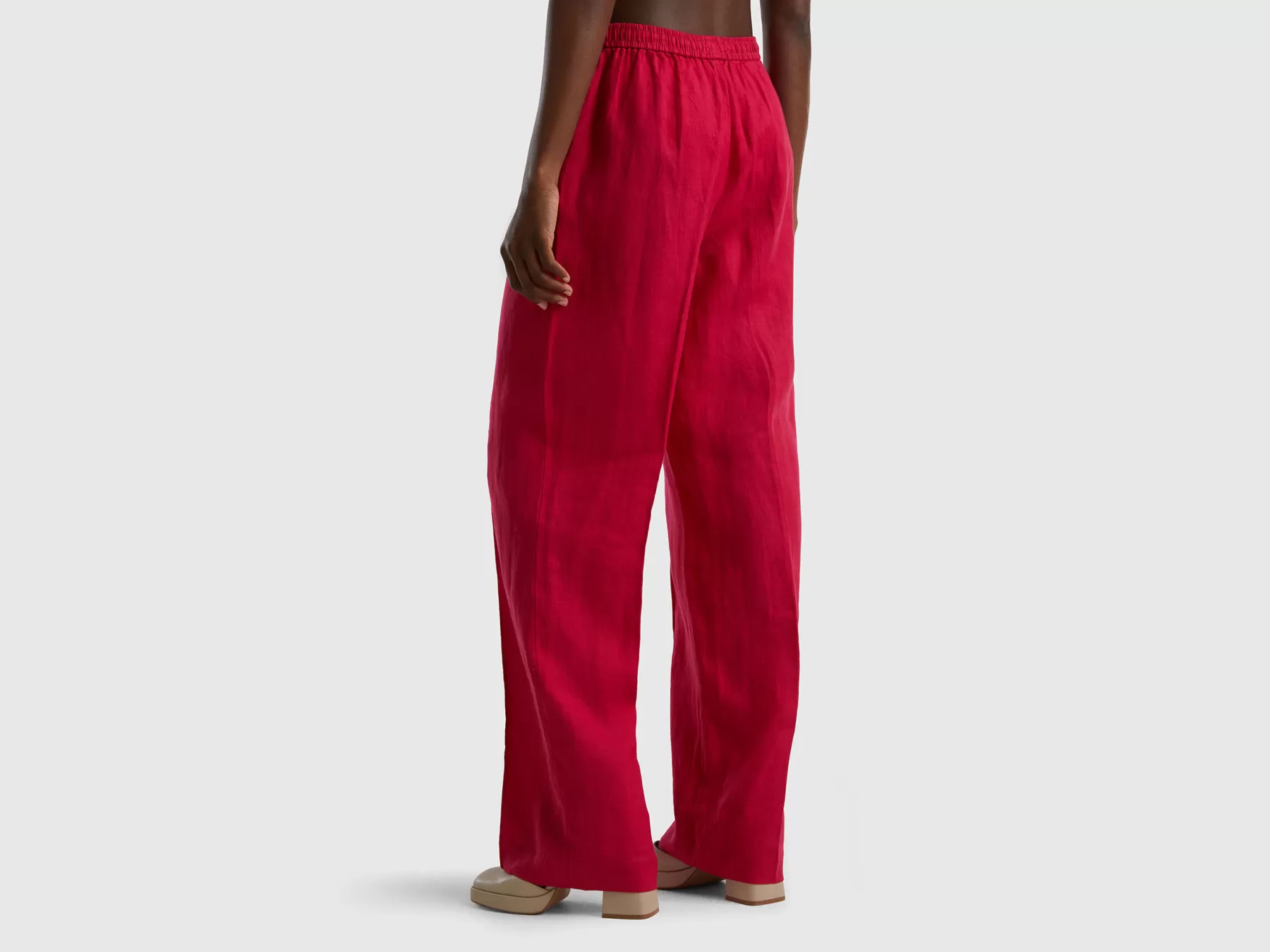 Benetton Pantaloni In Puro Lino Con Elastico Fucsia New