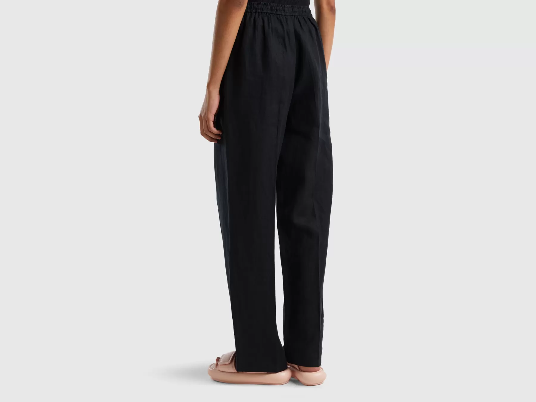 Benetton Pantaloni In Puro Lino Con Elastico Nero Flash Sale