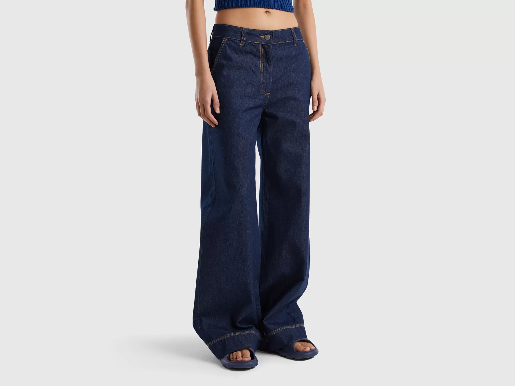 Benetton Pantaloni Jeans Con Gamba Ampia Blu Scuro Online