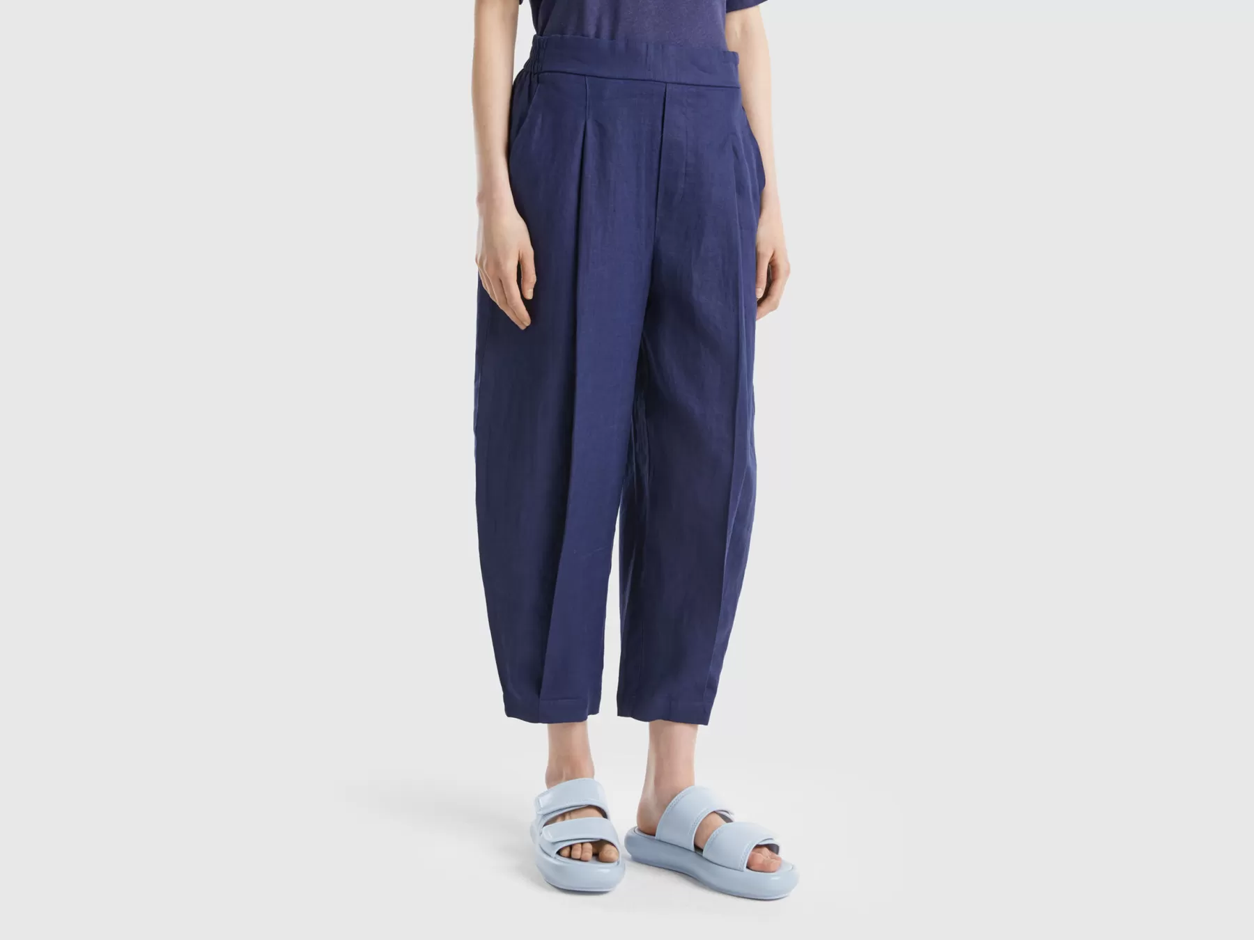 Benetton Pantaloni Morbidi In Puro Lino Blu Scuro Online