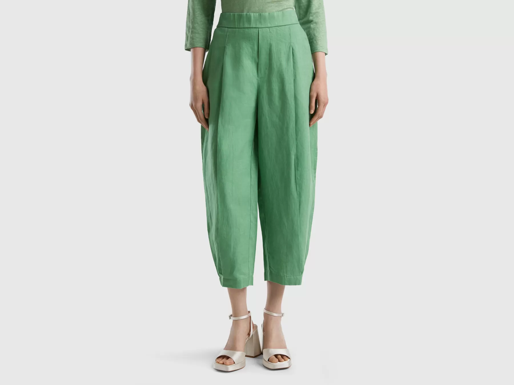 Benetton Pantaloni Morbidi In Puro Lino Verde Shop