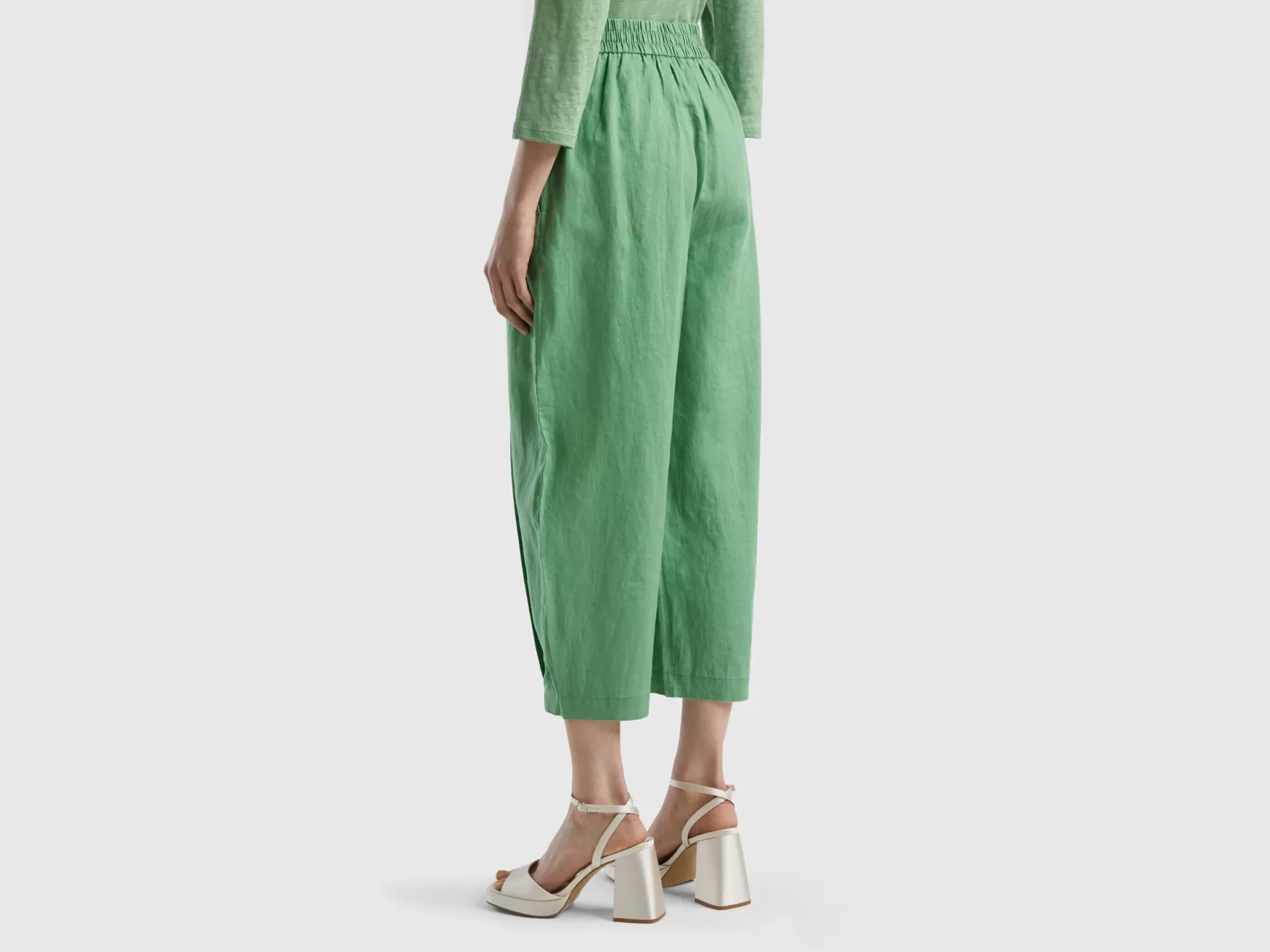 Benetton Pantaloni Morbidi In Puro Lino Verde Shop