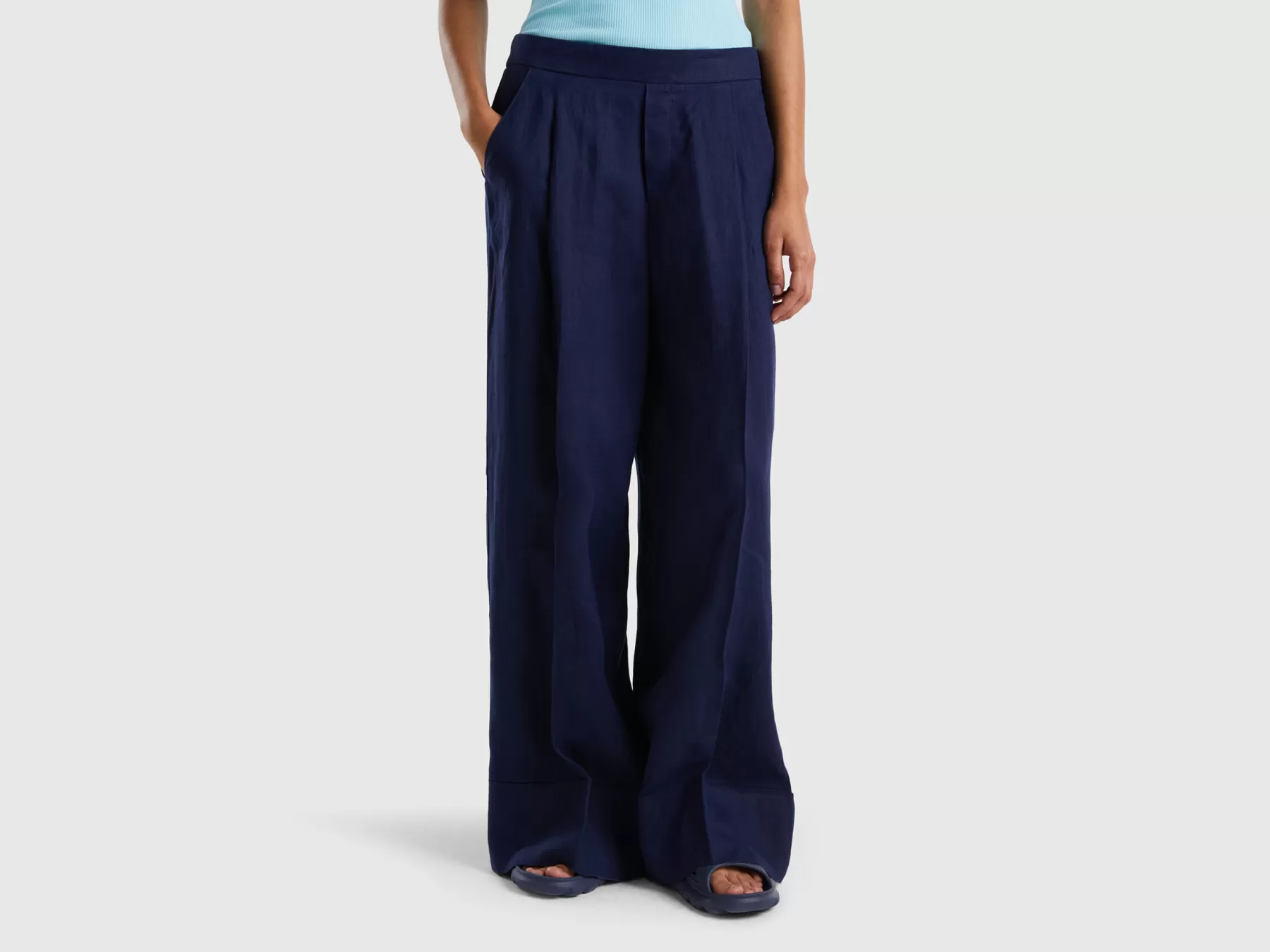 Benetton Pantaloni Palazzo In 100% Lino Blu Scuro Discount