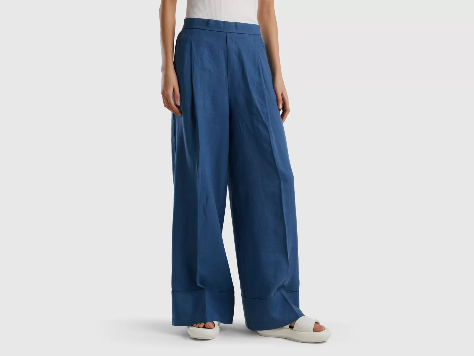 Benetton Pantaloni Palazzo In 100% Lino Blu New