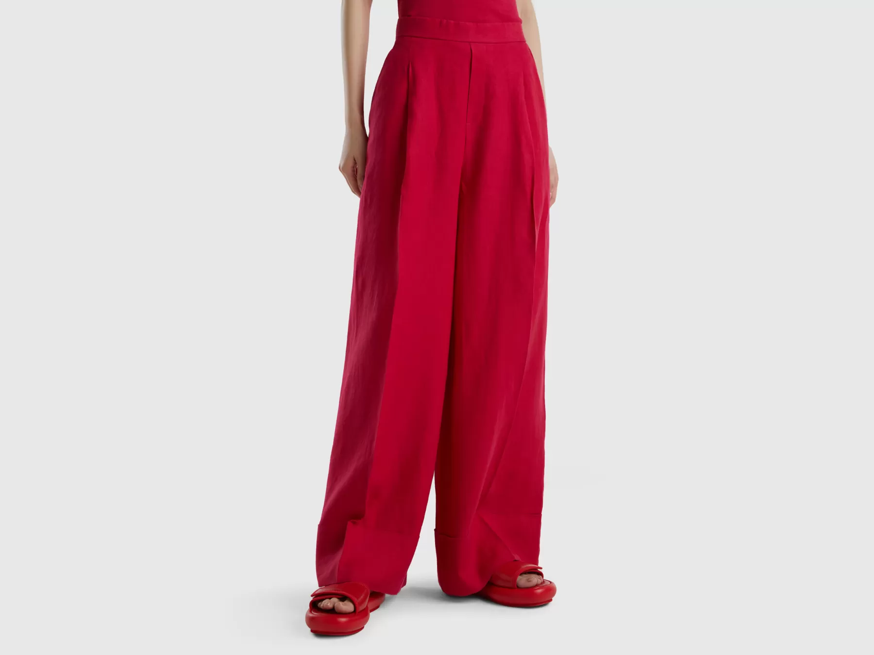 Benetton Pantaloni Palazzo In 100% Lino Fucsia Outlet