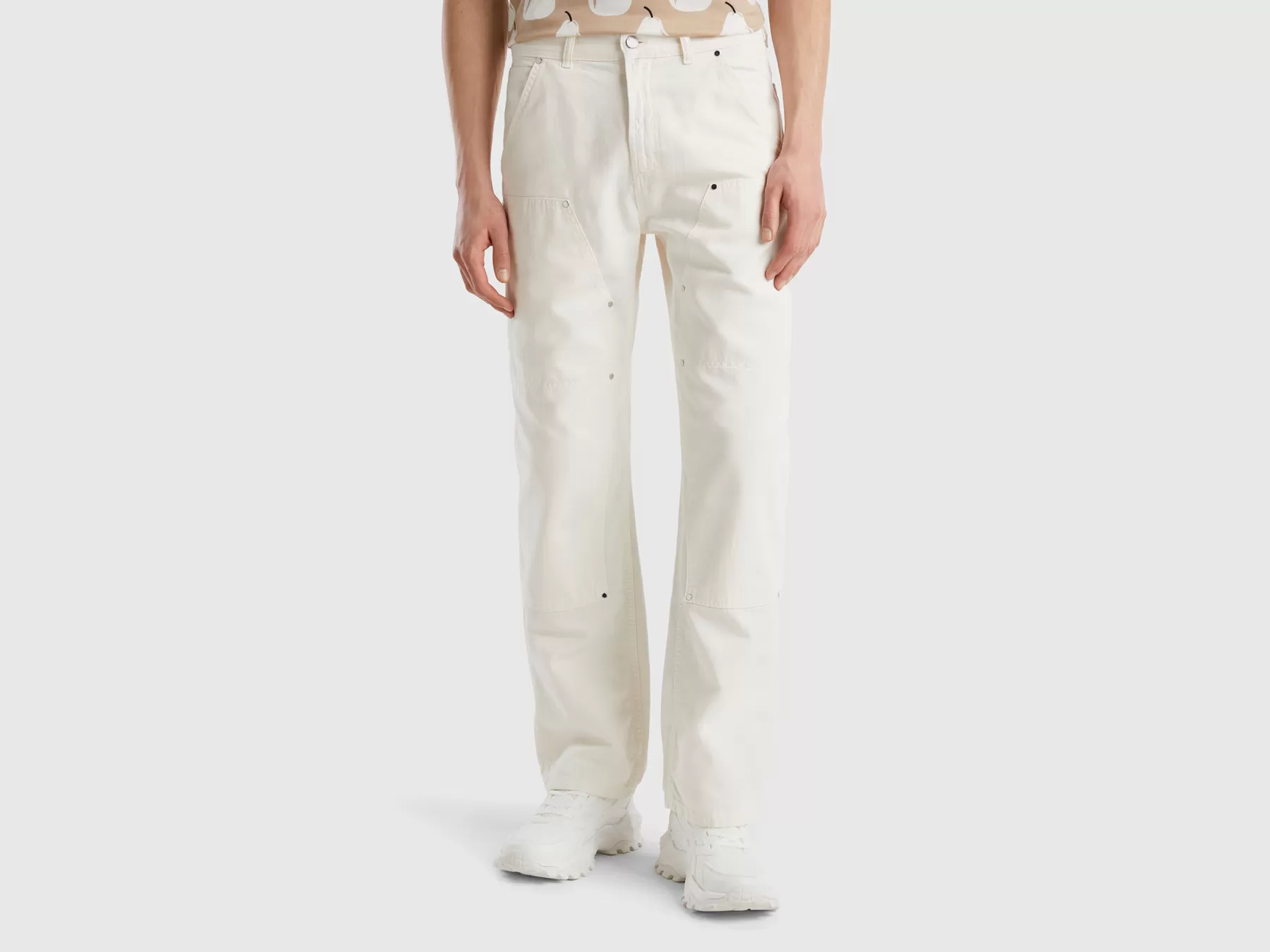 Benetton Pantaloni Stile Worker Bianco Panna Outlet