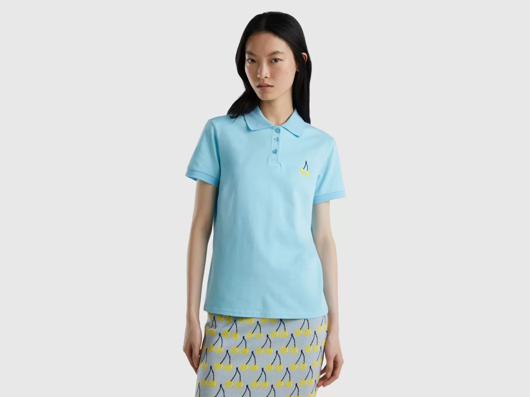 Benetton Polo Azzurra Con Ricamo Ciliegia Azzurro Shop