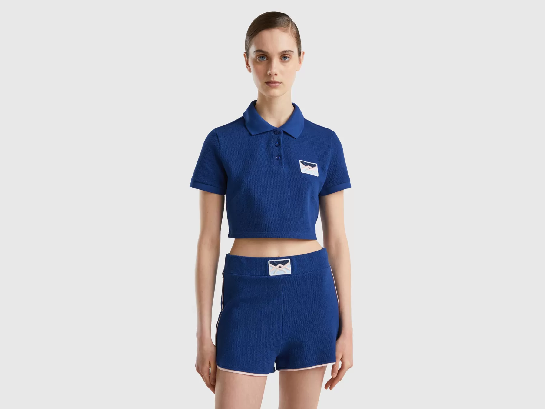 Benetton Polo Croppedcon Patch Logo Blu Flash Sale