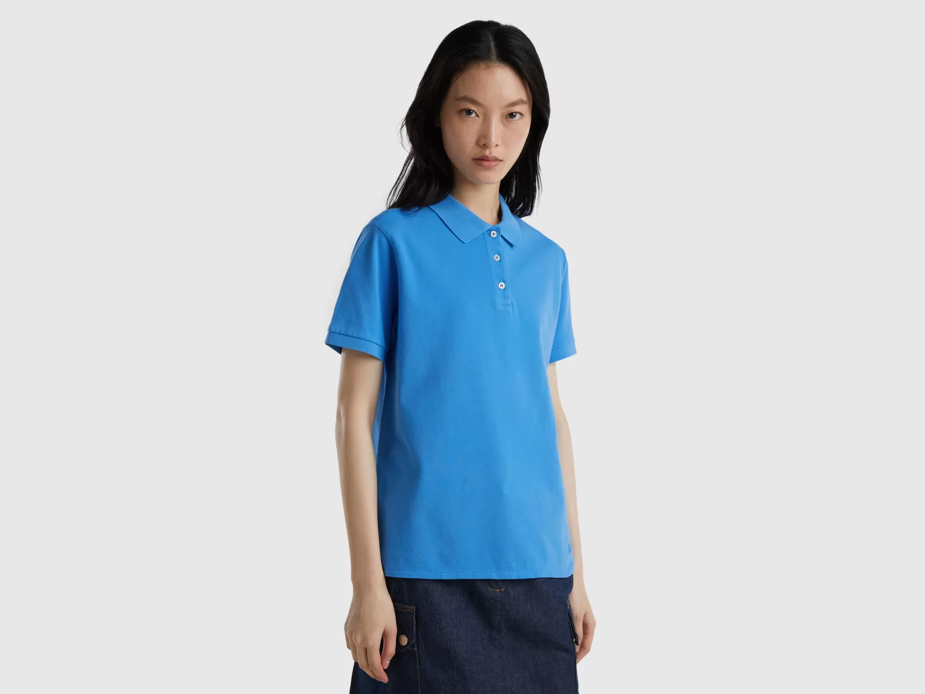 Benetton Polo In Cotone Bio Stretch Azzurro New