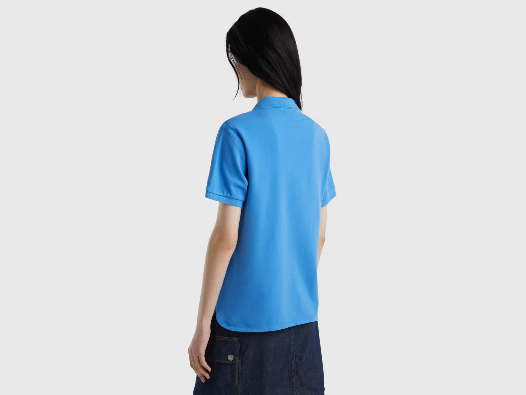 Benetton Polo In Cotone Bio Stretch Azzurro New