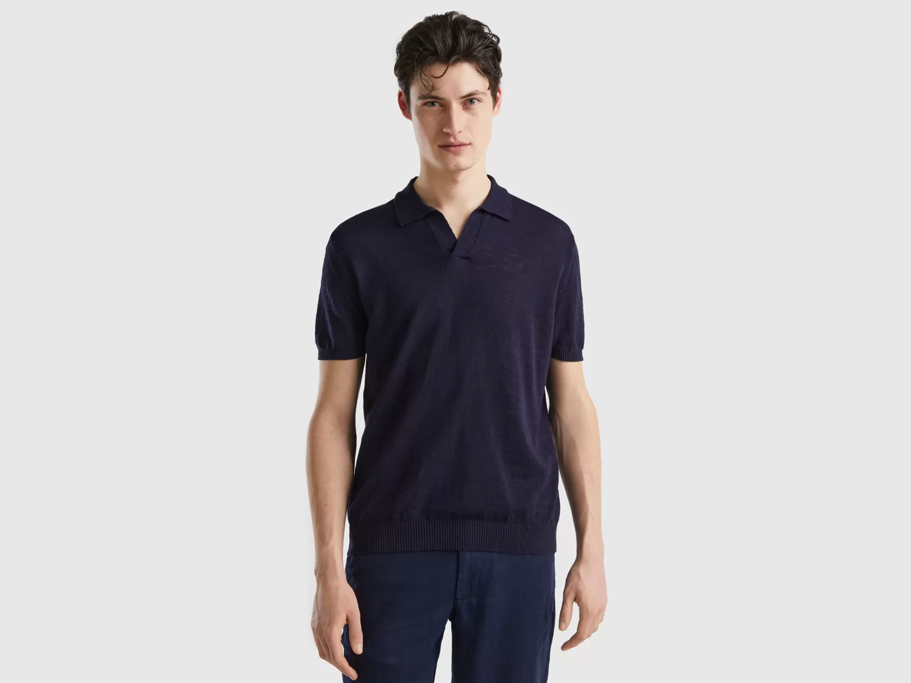 Benetton Polo In Misto Lino Blu Scuro Flash Sale