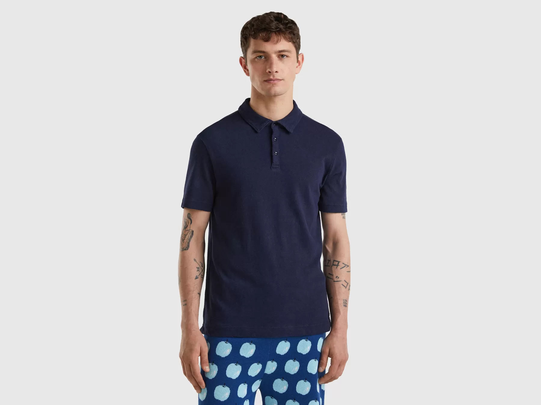 Benetton Polo In Misto Lino Blu Scuro Fashion