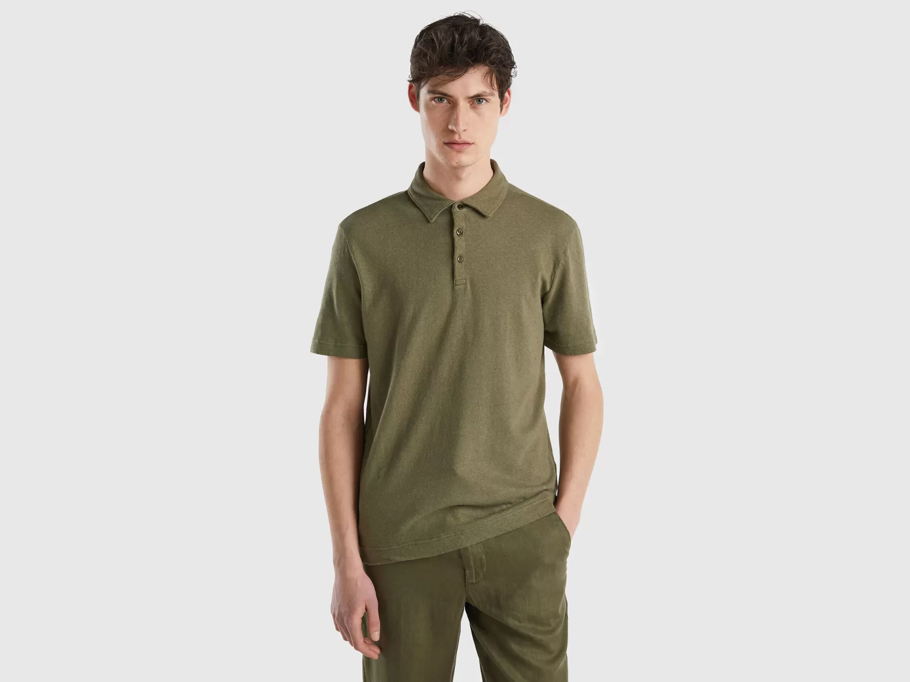 Benetton Polo In Misto Lino Verde Militare Shop