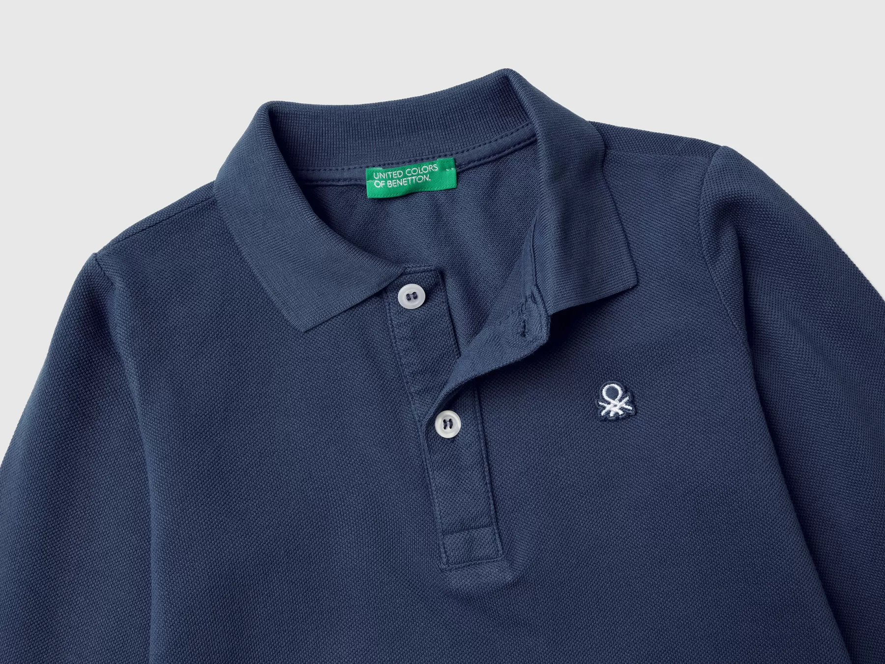 Benetton Polo Manica Lunga In Cotone Biologico Blu Scuro New