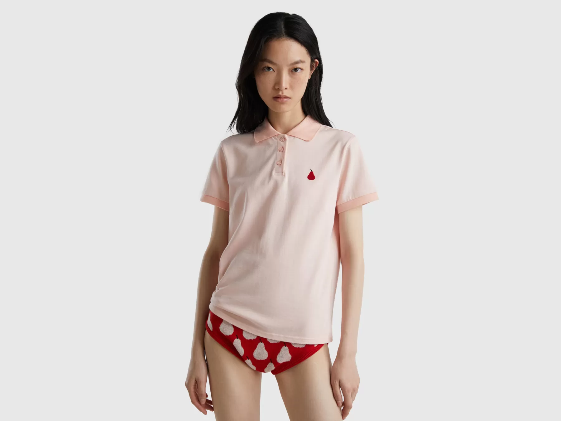 Benetton Polo Rosa Con Ricamo Pera Rosa Tenue Outlet